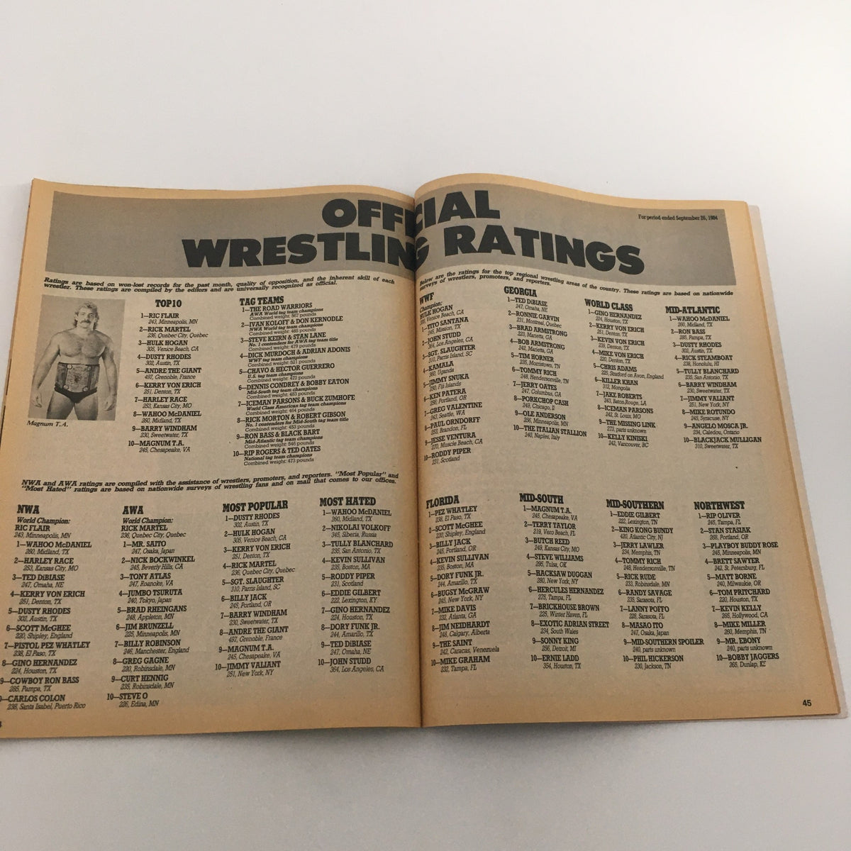 Official wrestling ratings page from The Wrestler Magazine January 1985 featuring top wrestlers like Magnum T.A., alongside rankings from various wrestling promotions. This page captures the era's wrestling statistics, presenting a valuable collectible for fans of Kerry Von Erich vs Ric Flair & Cyndi Lauper.