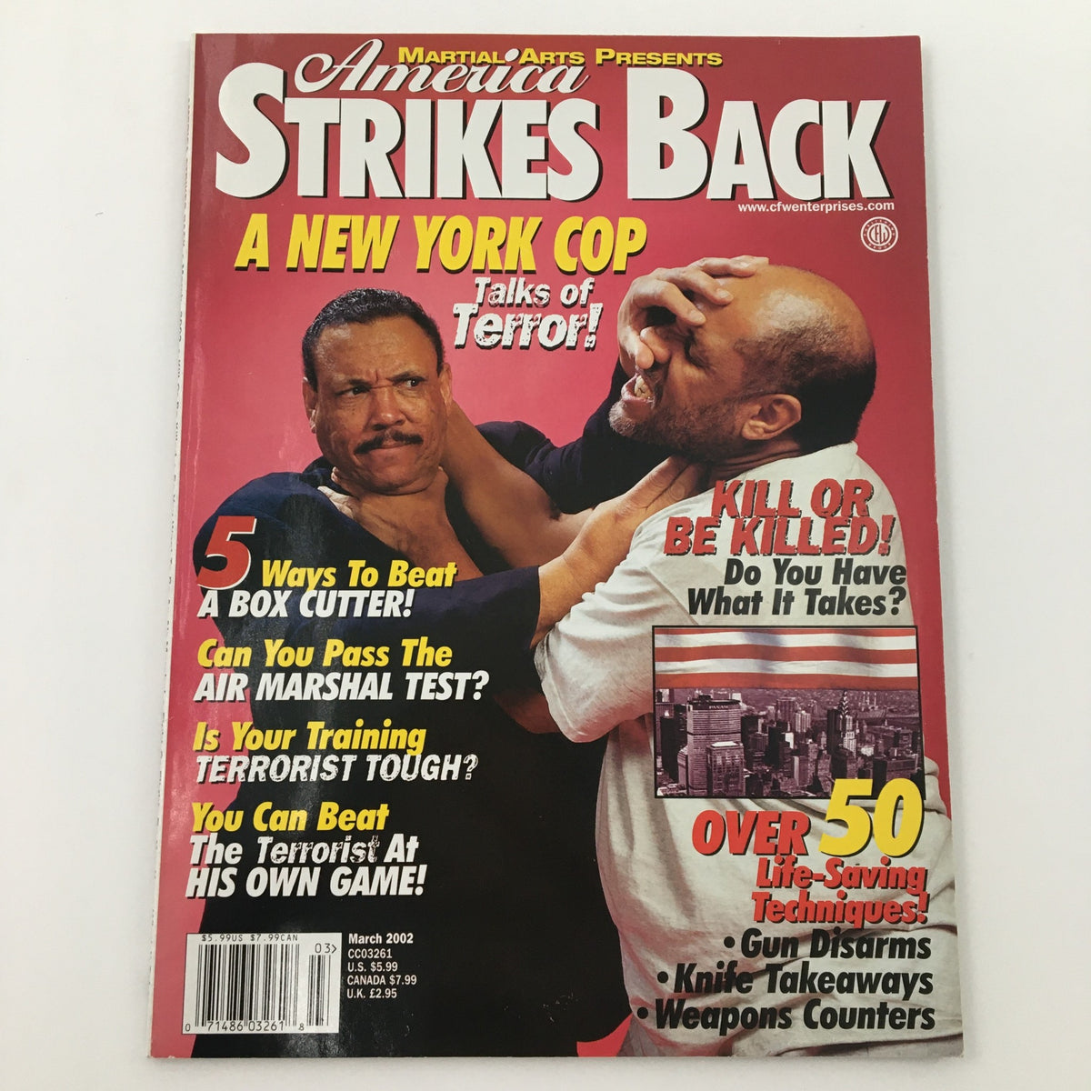 Magazine cover of 'Martial Arts America Strikes Back March 2002', showcasing a New York cop addressing terrorism while highlighting self-defense strategies and techniques.