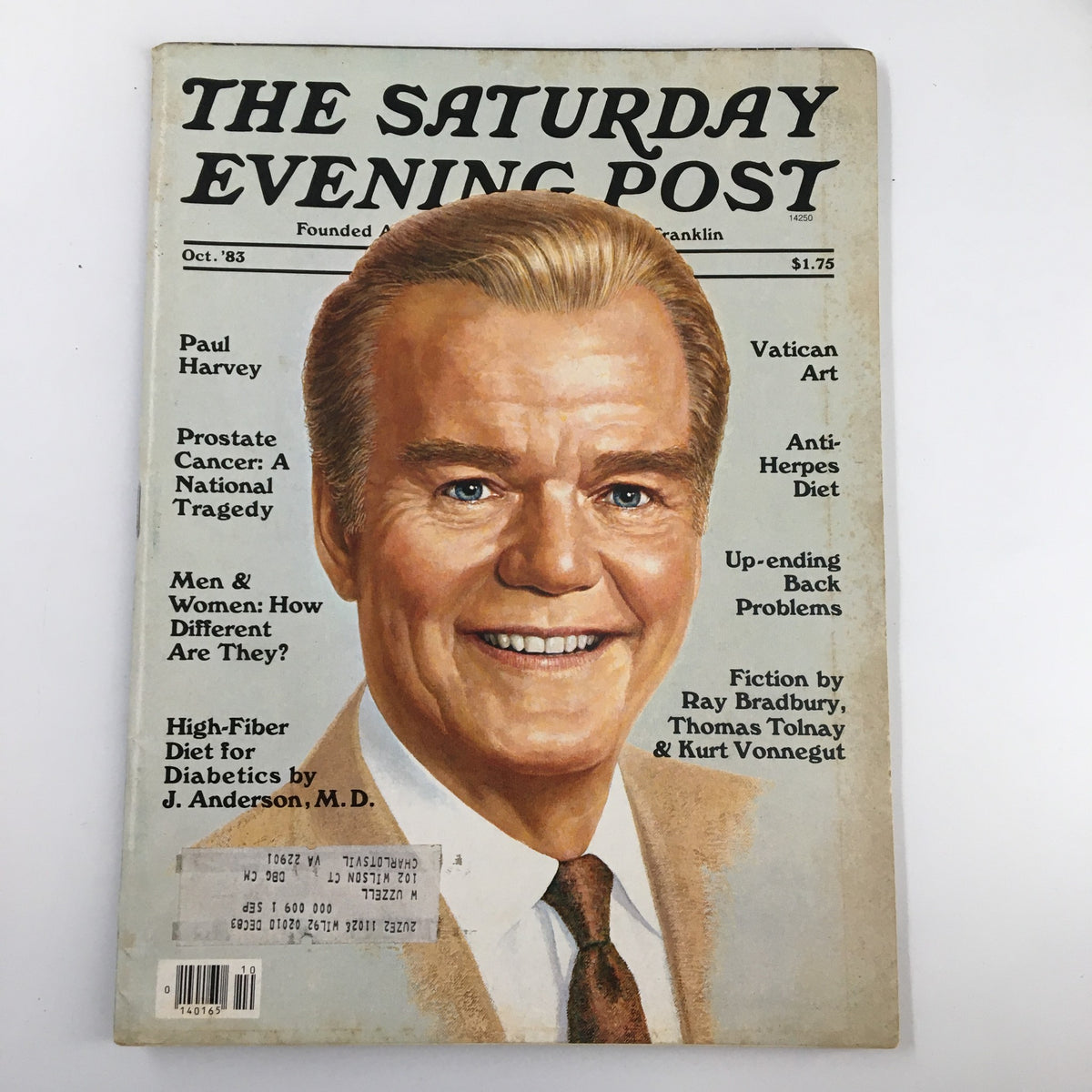 Cover of The Saturday Evening Post from October 1983 featuring Paul Harvey, discussing prostate cancer. The magazine showcases various articles and illustrations, reflecting 1980s health awareness and culture.