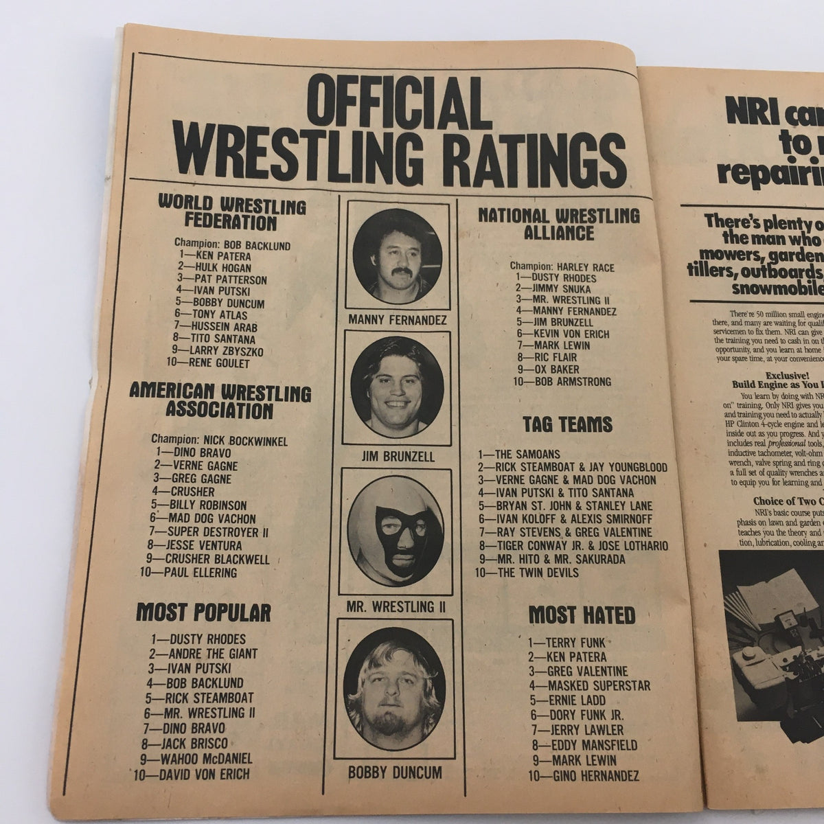 The Wrestler Magazine May 1980 page displaying official wrestling ratings for various wrestling federations and popular wrestlers.
