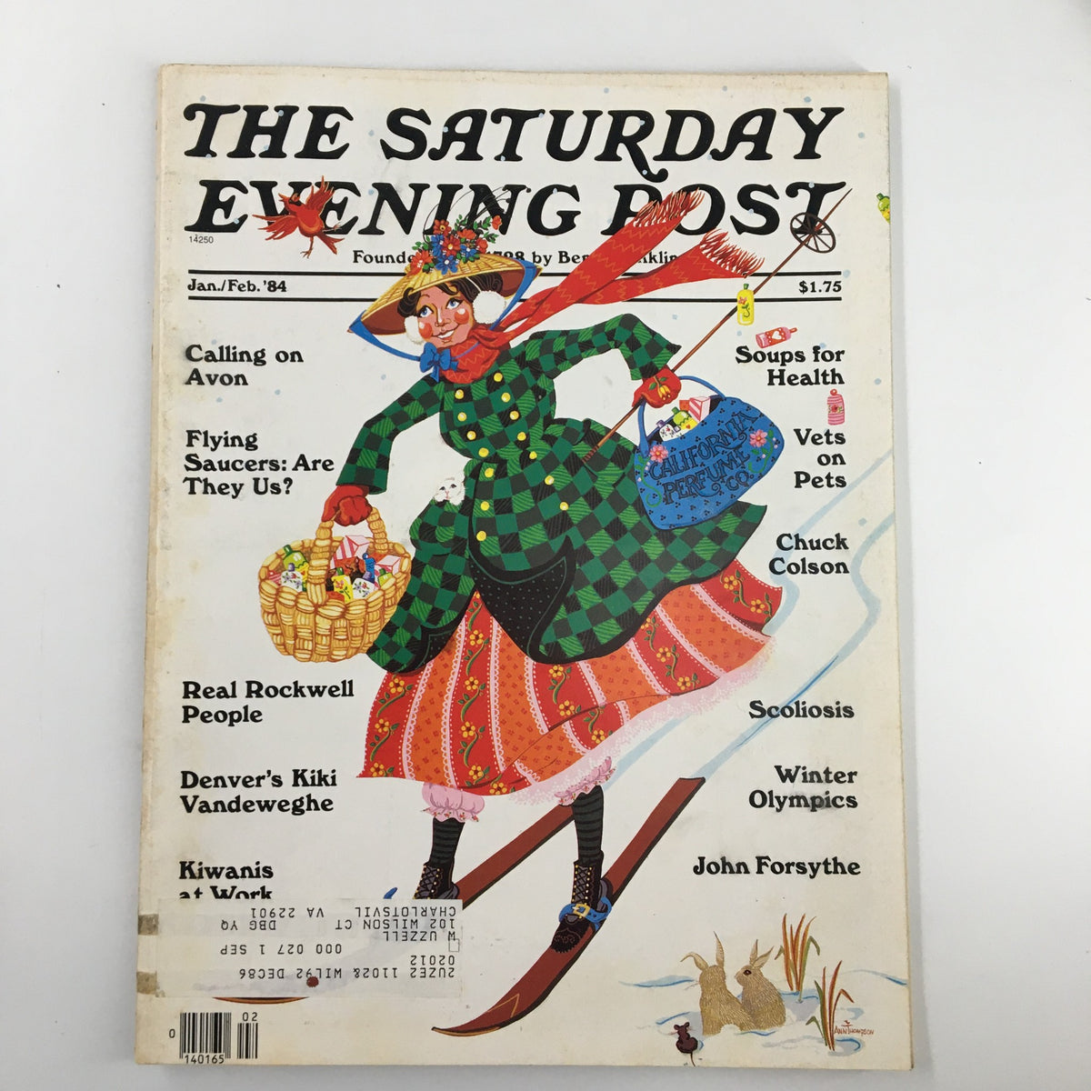 Cover of The Saturday Evening Post January 1984 issue titled 'Calling on Avon & Real Rockwell People', featuring an illustrated woman in a green checkered coat and a colorful hat, holding a basket while skiing, reflecting vintage Americana and celebrating the artistry of Norman Rockwell.