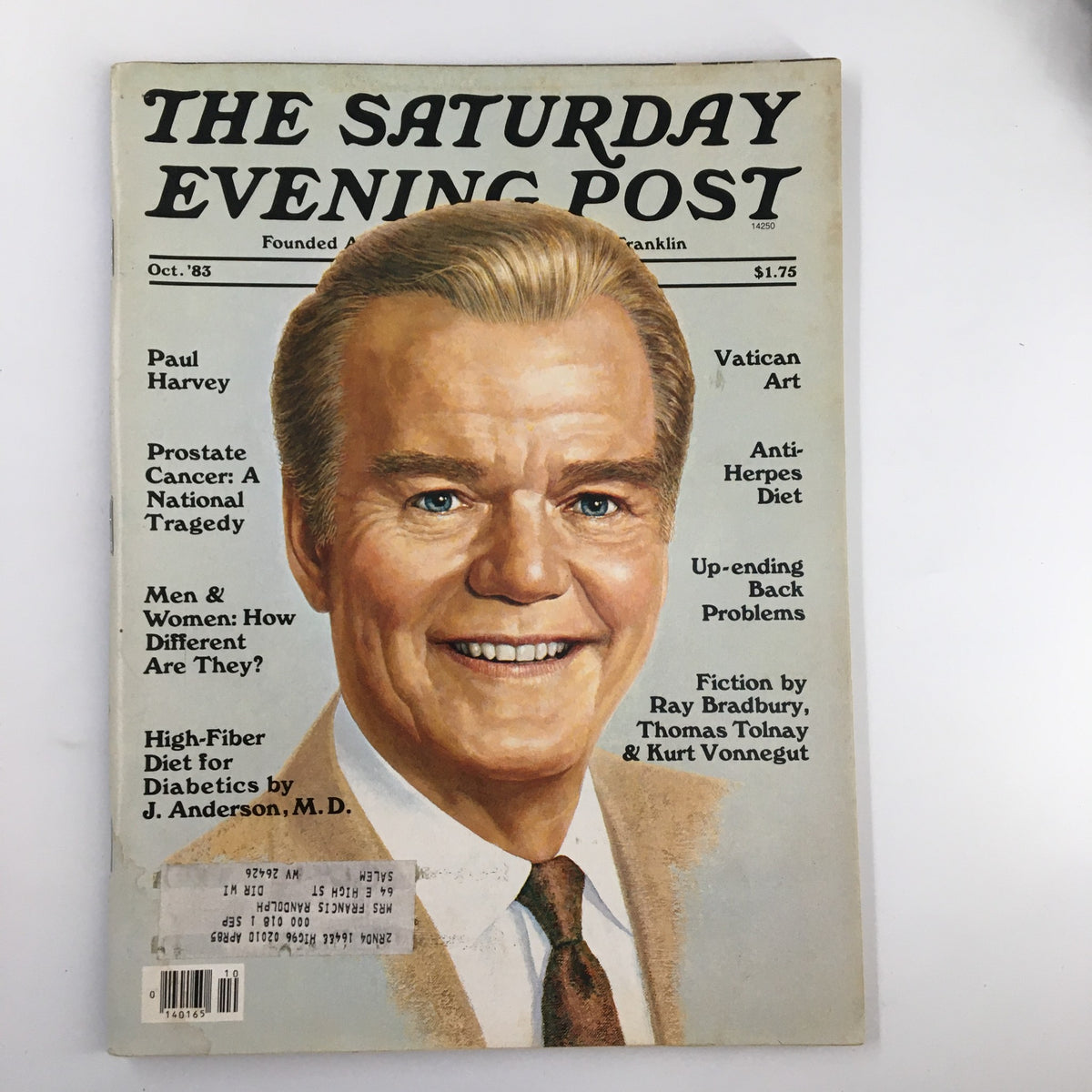 Cover of The Saturday Evening Post, October 1983, featuring Paul Harvey. The magazine highlights articles including the Anti-Herpes Diet, Prostate Cancer awareness, and fiction by renowned authors like Ray Bradbury and Kurt Vonnegut.