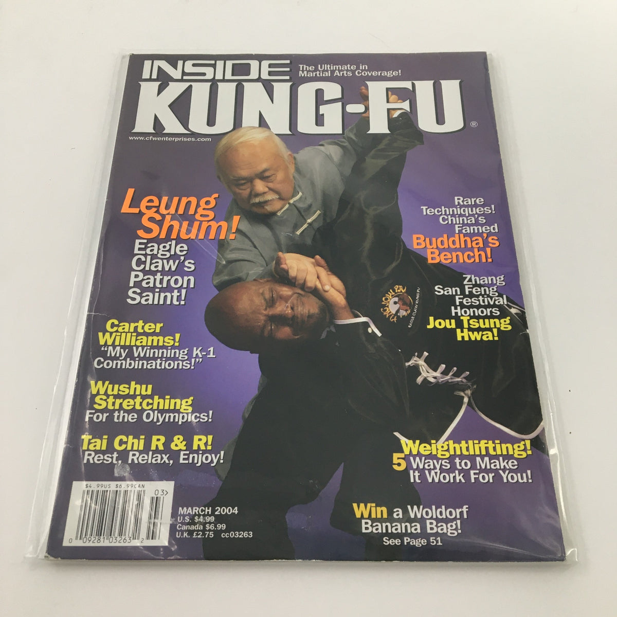 Inside Kung-Fu Magazine March 2004 featuring Leung Shum, the Eagle Claw Patron Saint, showcasing martial arts techniques and philosophy.