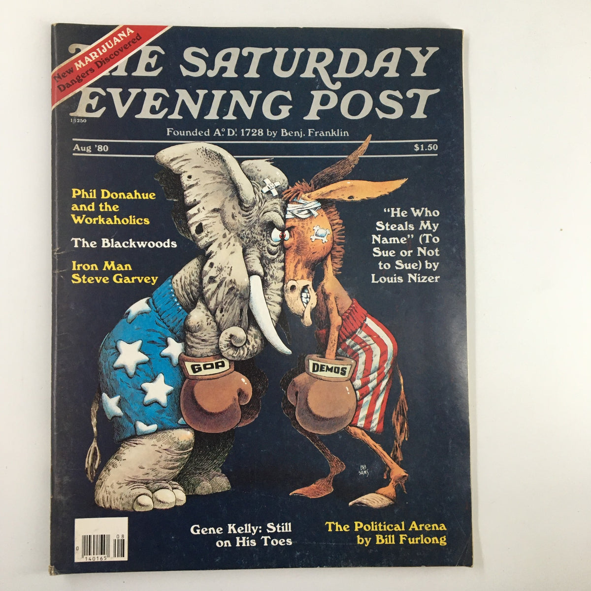 The Saturday Evening Post August 1980 magazine cover featuring Phil Donahue and the Workaholics, depicting a cartoon illustration of an elephant and a donkey in boxing gloves, symbolizing political parties. The cover highlights topics of the era, including American cultural discussions, workaholism, and significant figures like Iron Man Steve Garvey.