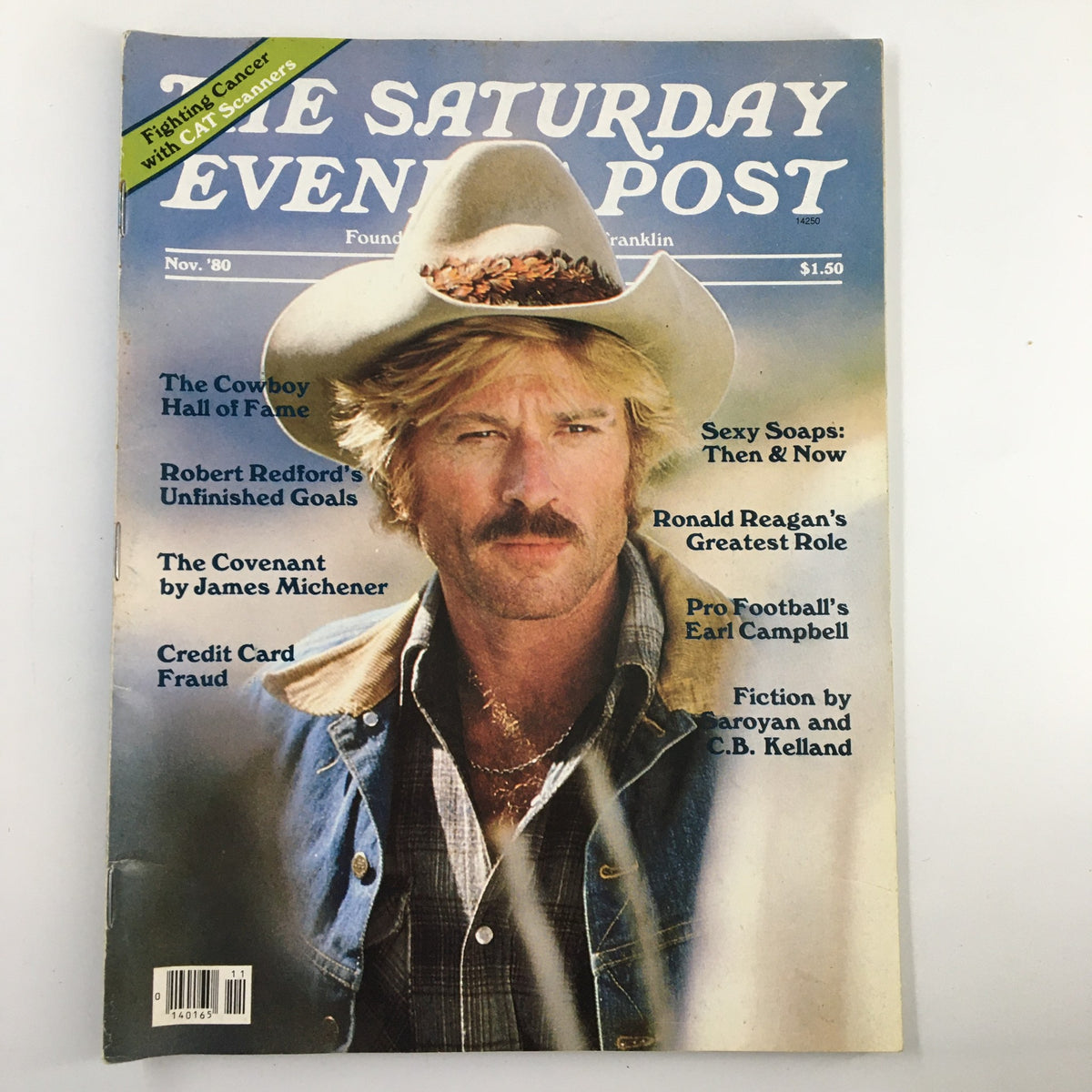 Cover of The Saturday Evening Post, November 1980 issue featuring 'The Cowboy Hall of Fame'. The image showcases a cowboy wearing a wide-brimmed hat with a scenic background, highlighting themes of American Western culture.