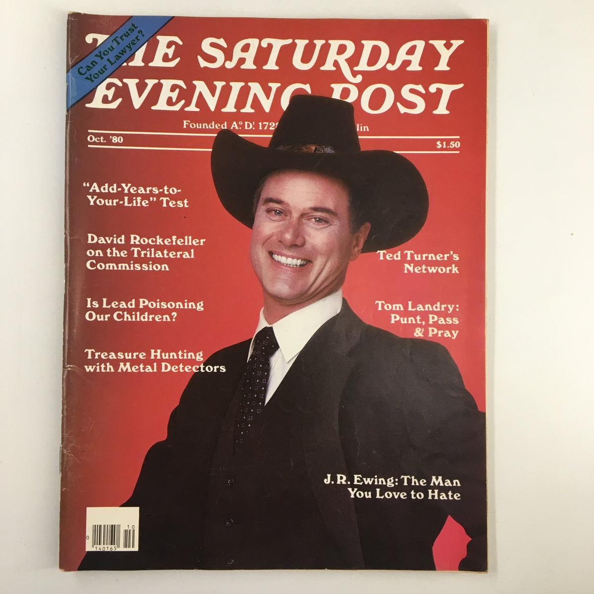 The Saturday Evening Post October 1980 cover featuring J.R. Ewing, known as the man you love to hate, smiling in a cowboy hat, highlighting articles including topics on David Rockefeller and Ted Turner's Network.