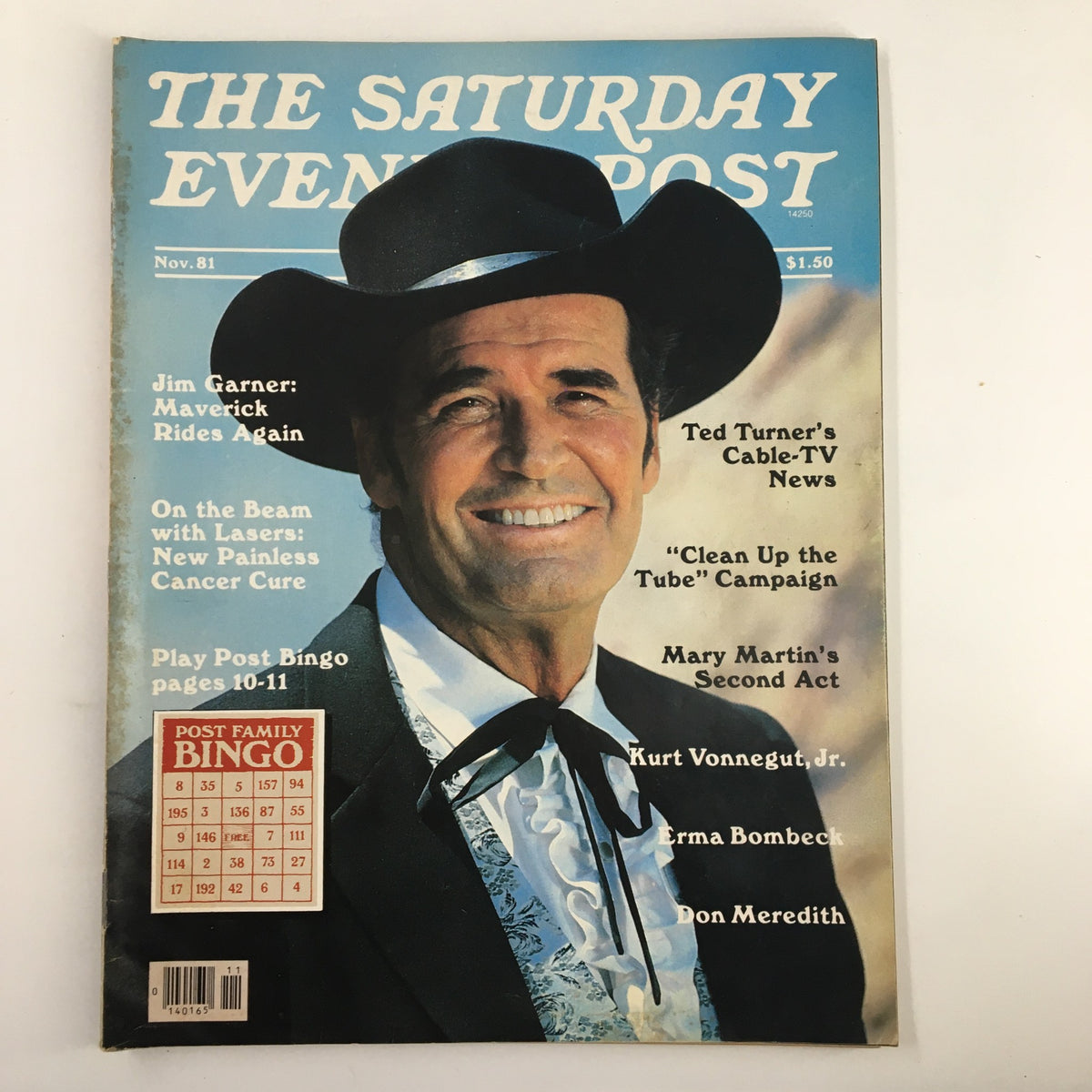 Cover of The Saturday Evening Post from November 1981 featuring a smiling man in a cowboy hat, highlighting Ted Turner's Cable TV News. The magazine includes articles on Jim Garner, a campaign to 'Clean Up the Tube', and Mary Martin, along with the Play Post Bingo game.