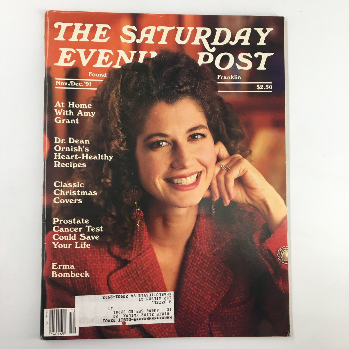 The Saturday Evening Post November 1991 cover featuring Amy Grant, showcasing her on the front page with articles on heart-healthy recipes, classic Christmas covers, and Erma Bombeck.