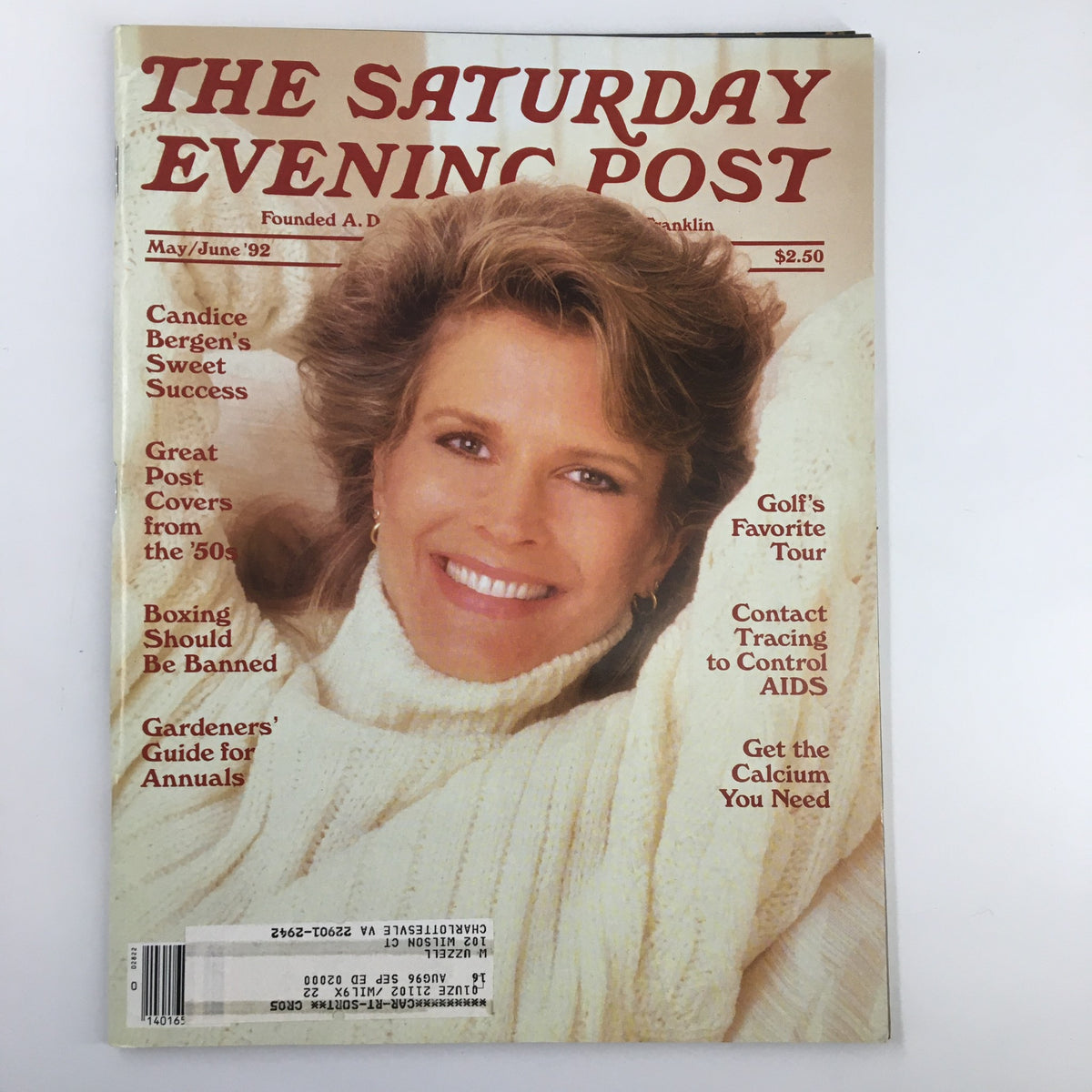 The Saturday Evening Post May 1992 featuring Candice Bergen on the cover, highlighting her story 'Sweet Success'. The magazine is in Very Good condition and includes a protective covering.