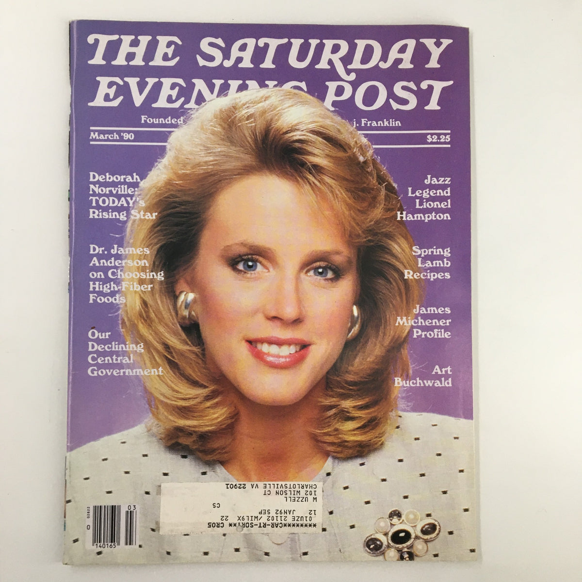 Cover of The Saturday Evening Post from March 1990 featuring Deborah Norville as Today's Rising Star. The magazine showcases a vibrant purple background and includes headlines about various topics.
