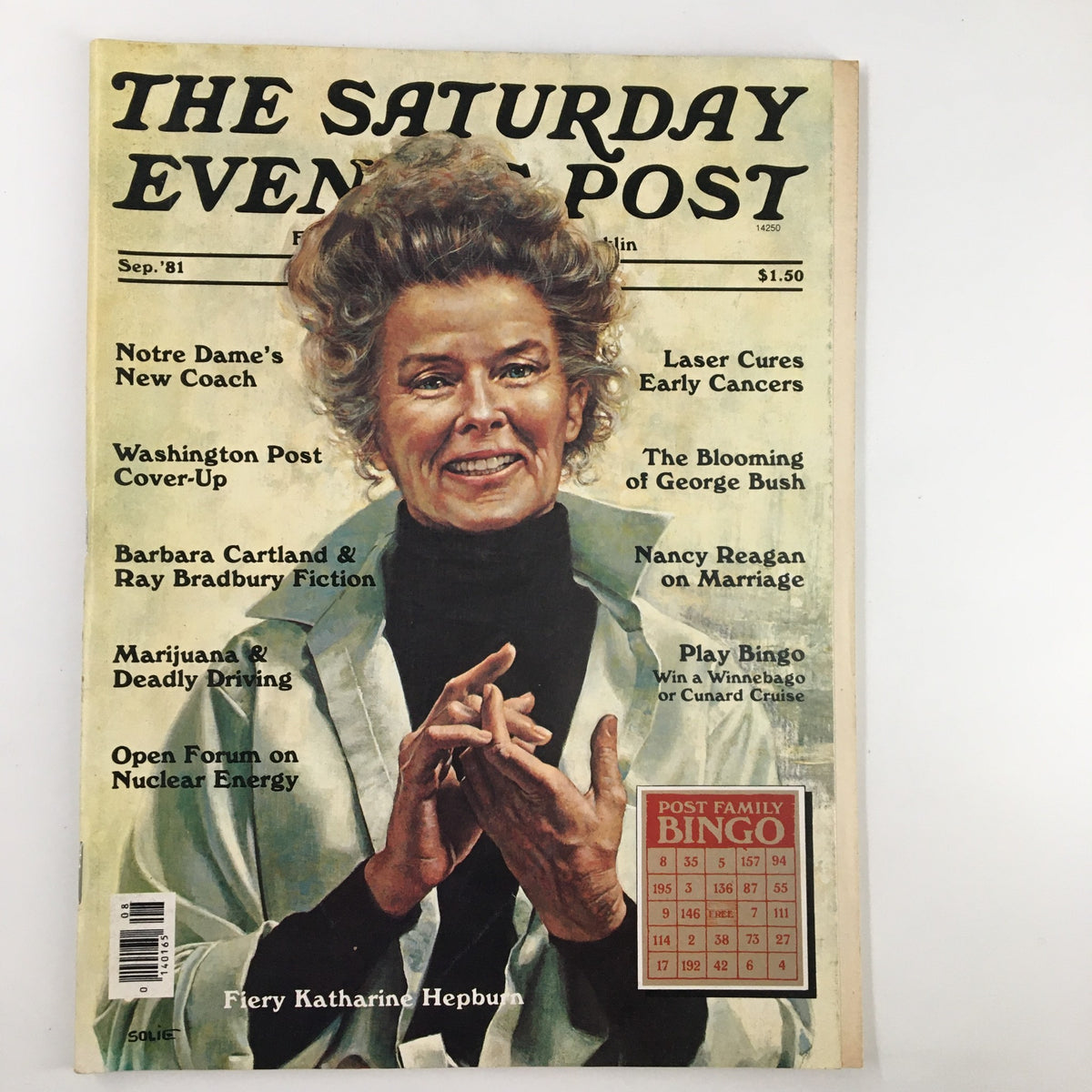 The Saturday Evening Post September 1981 cover featuring a portrait of Fiery Katharine Hepburn, showcasing her expressive hands and hairstyle, with various article titles.