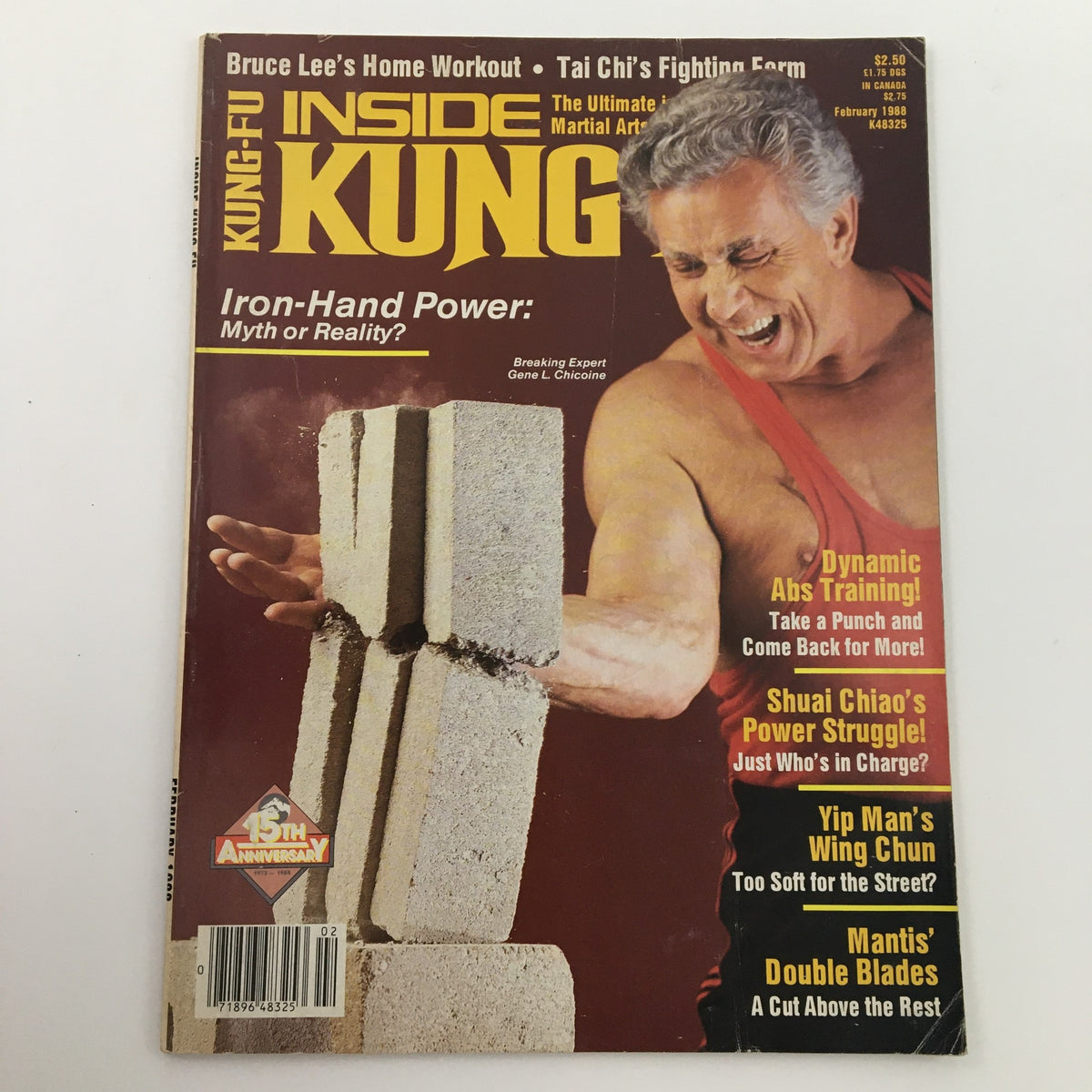 Cover of Inside Kung-Fu Magazine February 1988 featuring breaking expert Gene L. Chicoine. The magazine highlights various martial arts topics including 'Iron-Hand Power: Myth or Reality?' and contains articles on training and techniques related to kung fu.