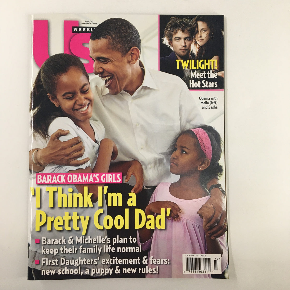 Cover of US Weekly Magazine November 24, 2008 featuring Barack Obama's daughters with the headline 'I Think I'm a Pretty Cool Dad'. Captures family moments and insights into the Obama family's life during the presidency.