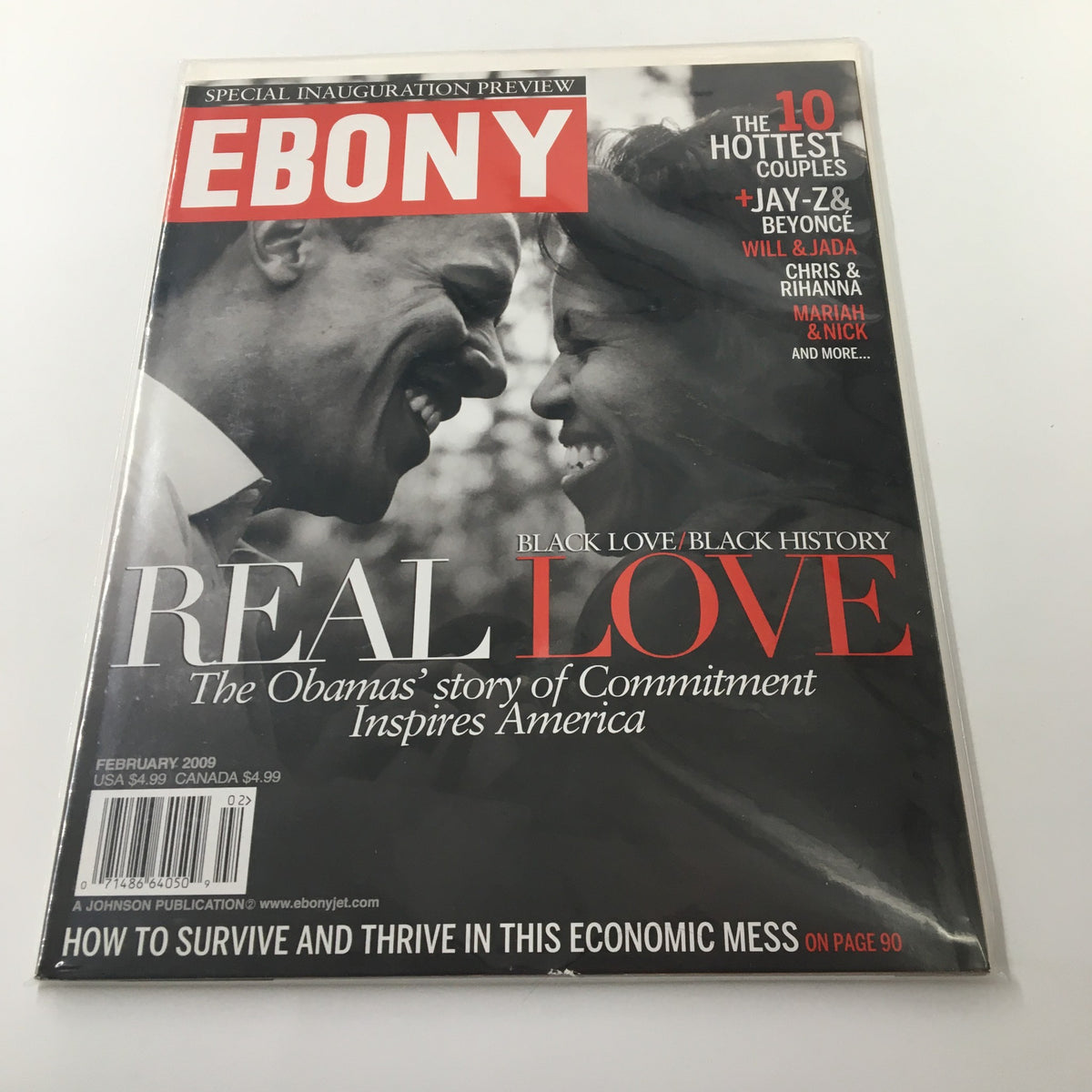 Ebony Magazine February 2009 showcasing the cover with Barack and Michelle Obama, titled 'Real Love'. This issue emphasizes their relationship's historical significance, perfect for collectors of political memorabilia and African American culture.