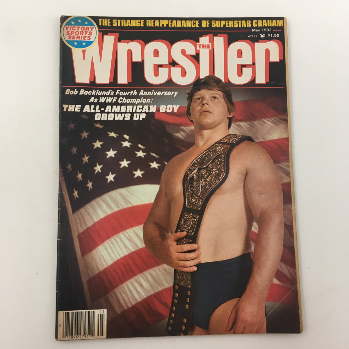 The Wrestler Magazine May 1982 featuring Bob Backlund, the All-American Boy and WWF Champion, posed with his championship belt against an American flag backdrop.
