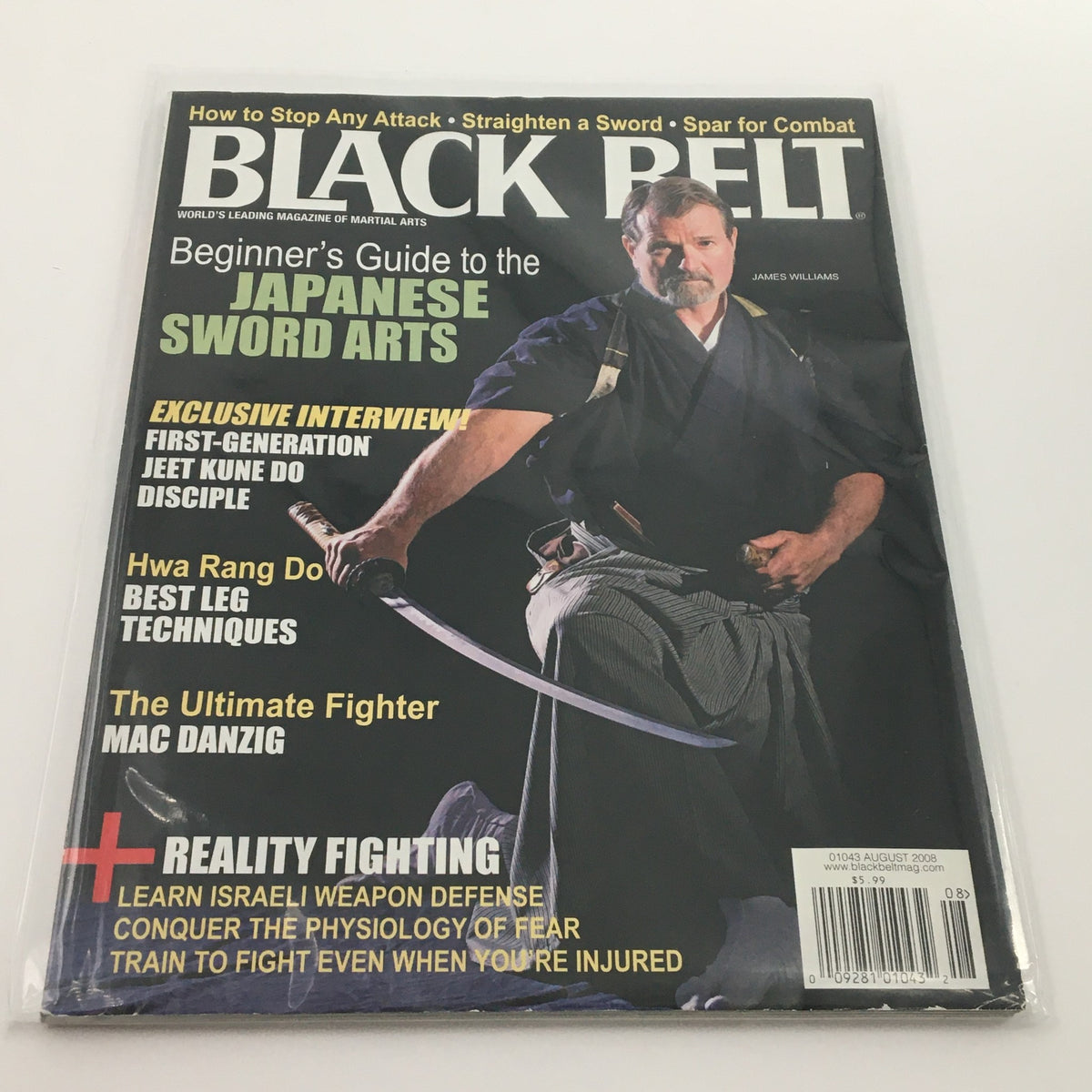 Black Belt Magazine August 2008 featuring James Williams on Japanese Sword Arts. The cover showcases traditional martial arts imagery with a samurai sword, highlighting essential techniques and philosophies of Japanese sword arts.