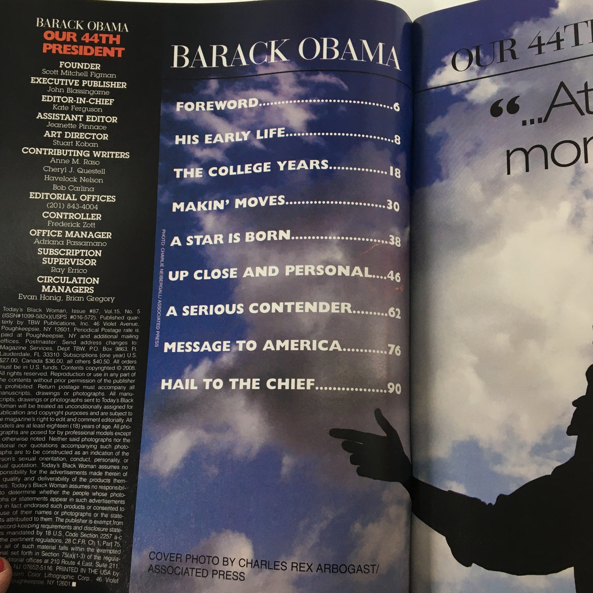 Inside spread of Today's Black Woman Magazine Issue #87, highlighting sections about Barack Obama's early life and presidency, in a collector's edition format.