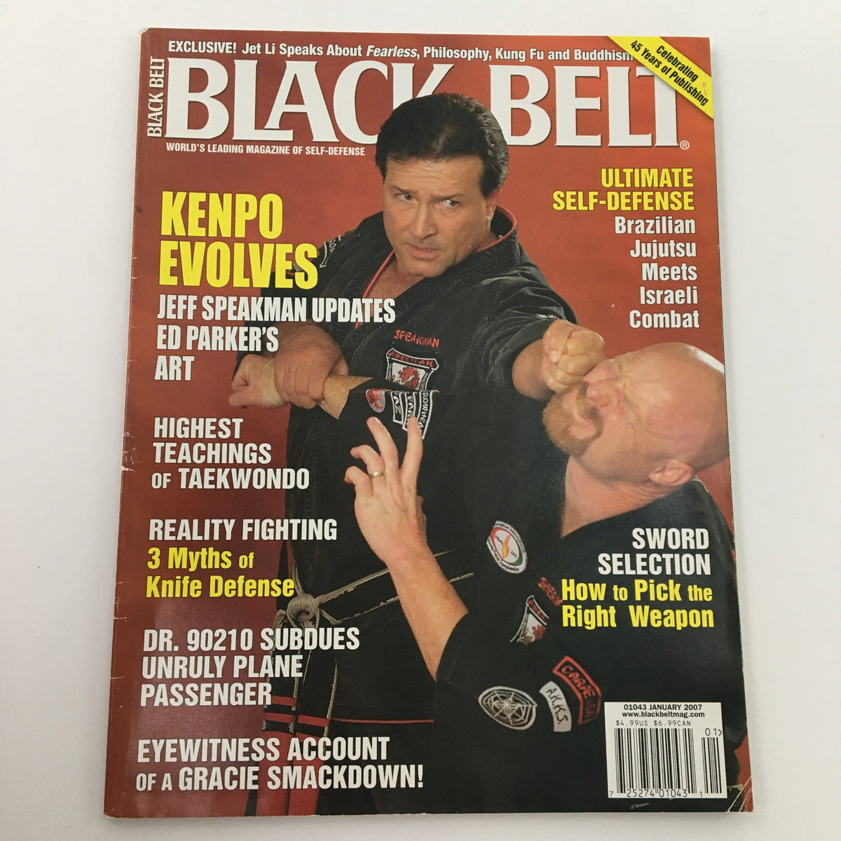 Black Belt Magazine January 2007 cover featuring Jeff Speakman showcasing martial arts techniques and updates on Ed Parker's art, emphasizing Kenpo, self-defense, and martial arts philosophies.