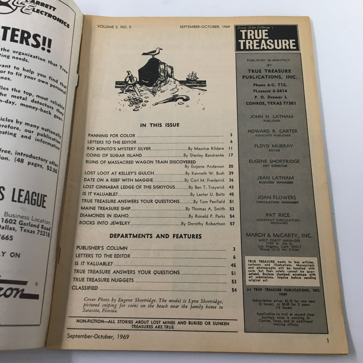 Interior page of the VTG True Treasure Magazine October 1969, displaying the table of contents including articles on treasure and historical mysteries.