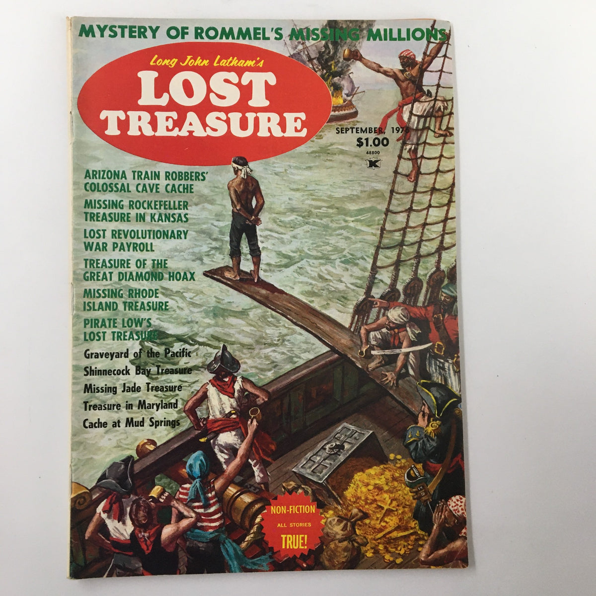 Cover of Lost Treasure Magazine from September 1976 featuring a colorful pirate-themed illustration and a feature on the Lost Revolutionary War Payroll.