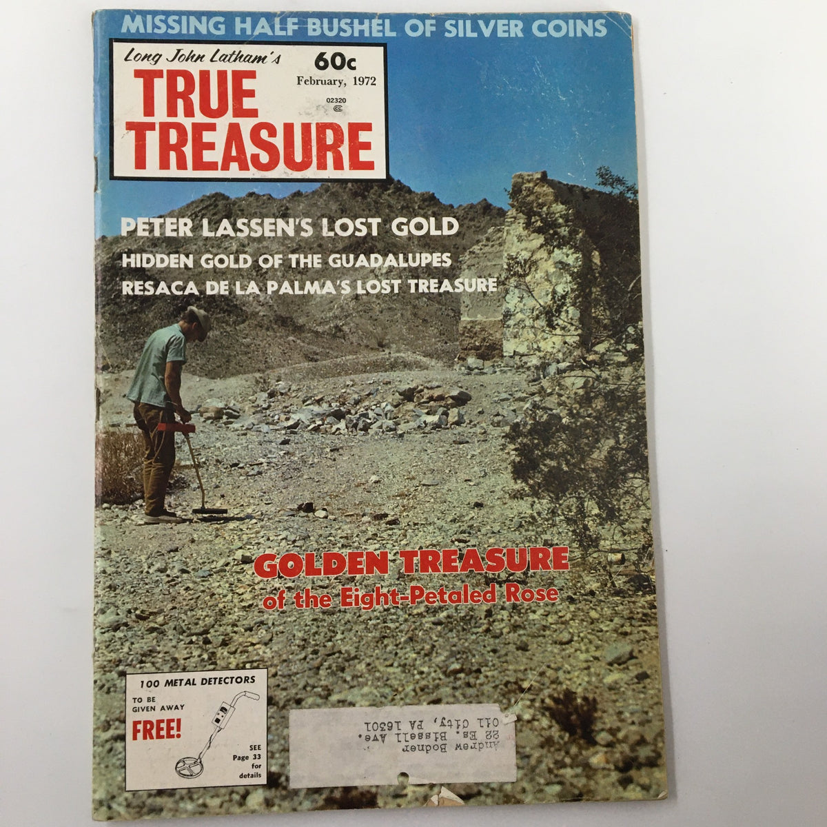 Cover of VTG True Treasure Magazine February 1972 featuring the theme 'Golden Treasure of the Eight-Petaled Rose', showcasing a man using a metal detector in a scenic outdoor landscape.