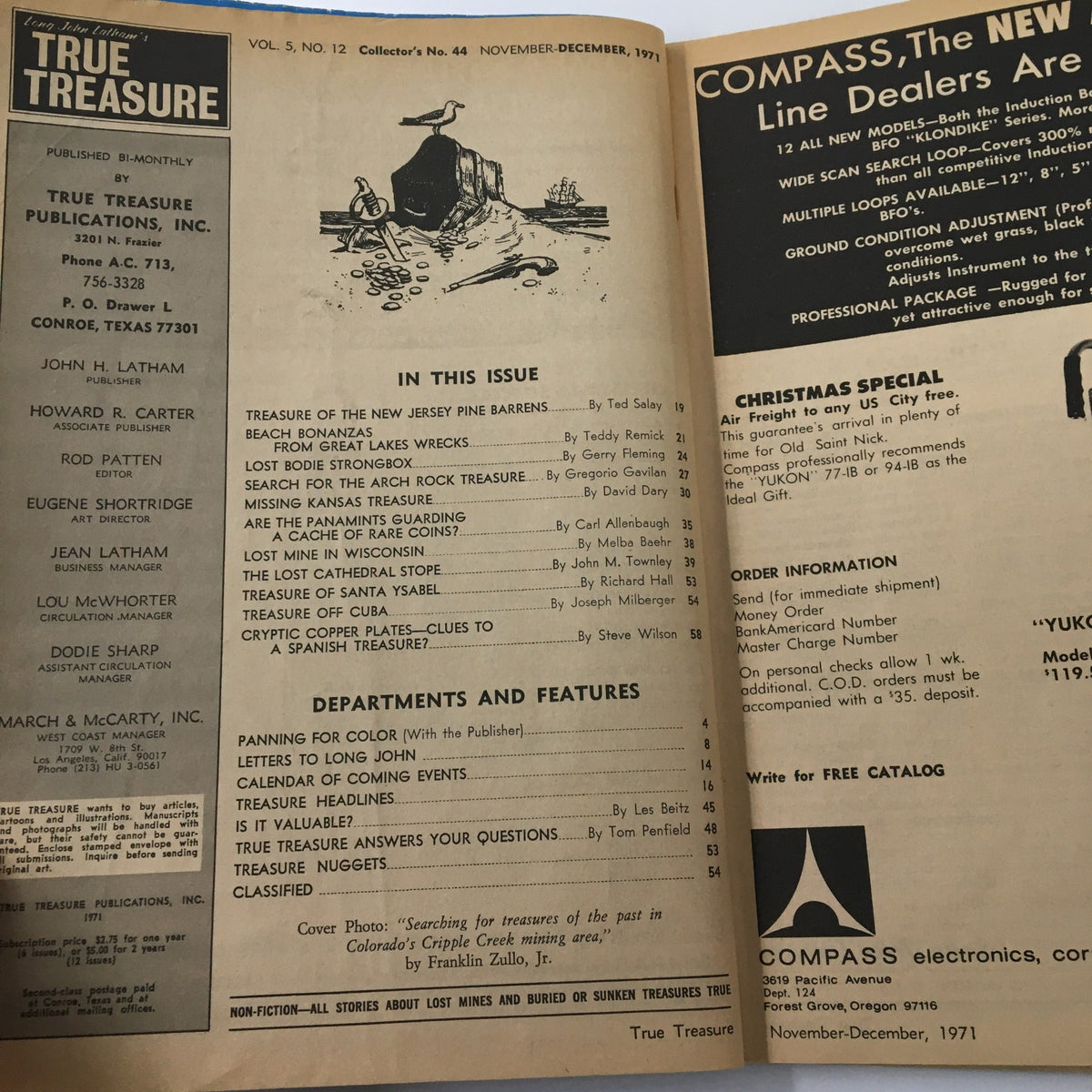 Inside layout of VTG True Treasure Magazine December 1971 displaying the table of contents including articles about New Jersey Pine Barrens and other treasure-related topics.