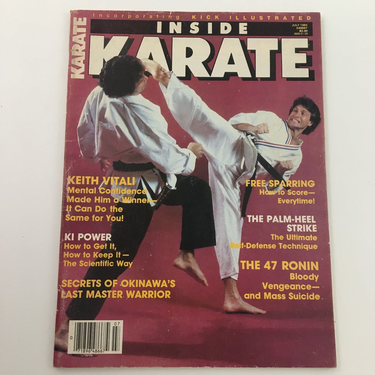 Cover of Inside Karate Magazine July 1984 highlighting Keith Vitali with a focus on 'Mental Confidence'. The magazine covers essential martial arts techniques, including sparring strategies and historical insights.
