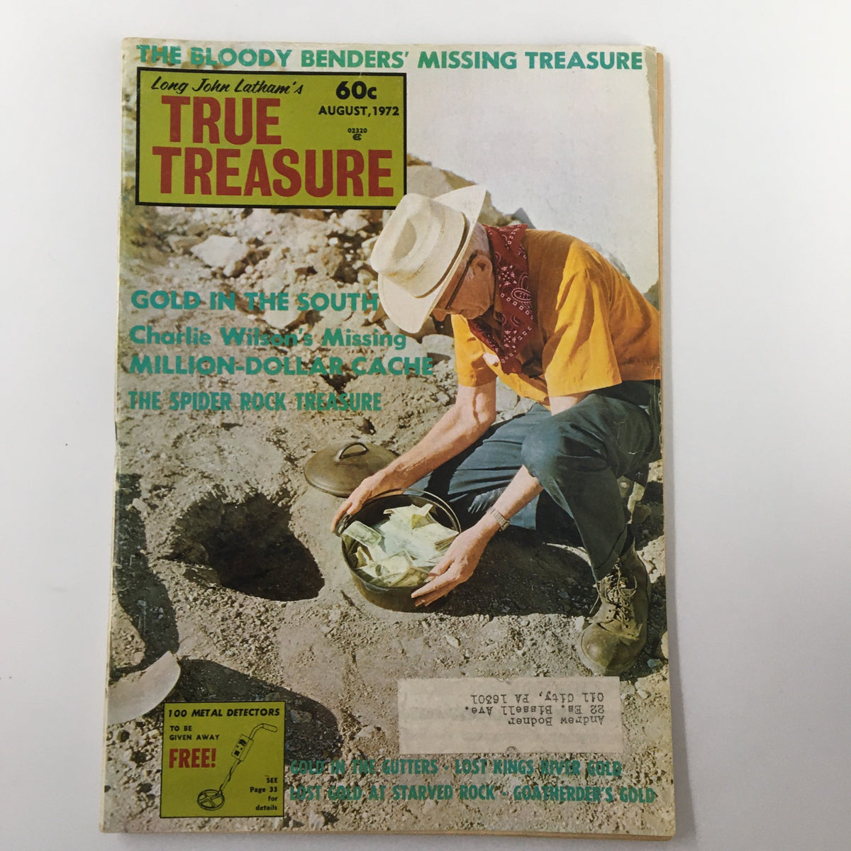 Cover of VTG True Treasure Magazine August 1972 featuring the cover story 'The Bloody Benders' Missing Treasure', showcasing a man panning for gold.