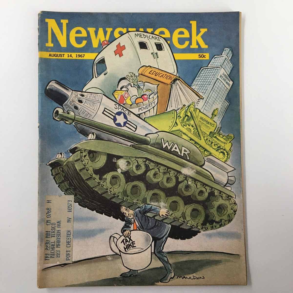 VTG Newsweek Magazine August 14 1967 cover featuring a cartoon illustration depicting themes of Medicare, education, tax hikes, and war, with dramatic visuals including a tank and symbolic items like a first aid kit and educational materials.