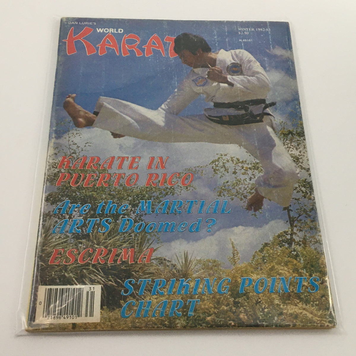 Cover of Karate World Magazine Winter 1982-1983 featuring a martial artist demonstrating a kick, highlights topics like Karate in Puerto Rico and Martial Arts.
