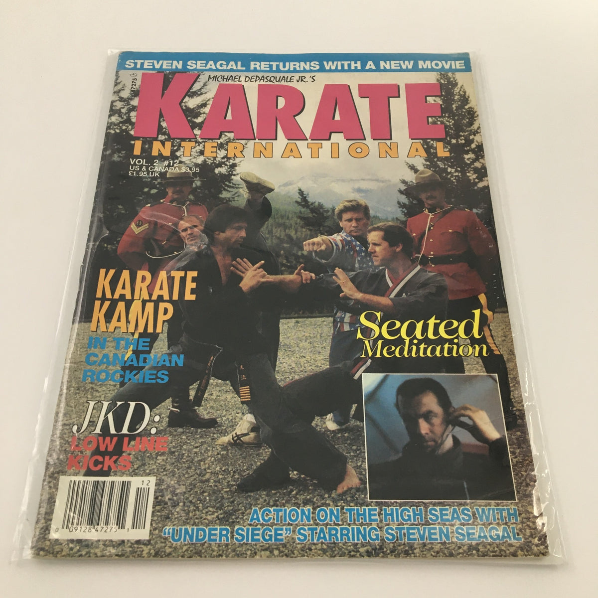 Cover of Karate International December 1992 Vol 2 #12 featuring Steven Seagal, showcasing martial arts scenes and articles about karate, including Karate Kamp in Canadian Rockies.