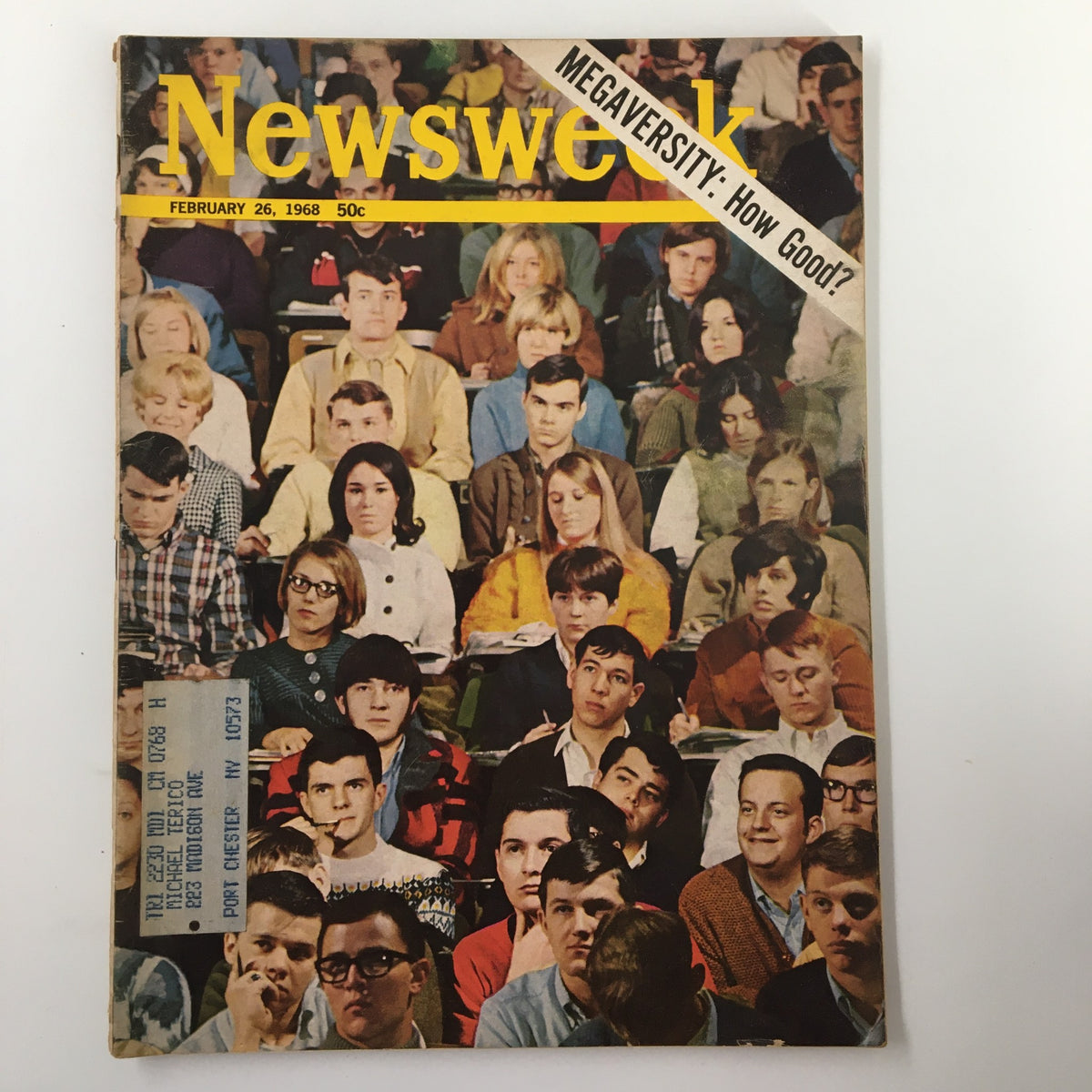 Cover of VTG Newsweek Magazine from February 26, 1968, featuring the title 'Megaversity: How Good?' with a diverse group of students engaged in a lecture.