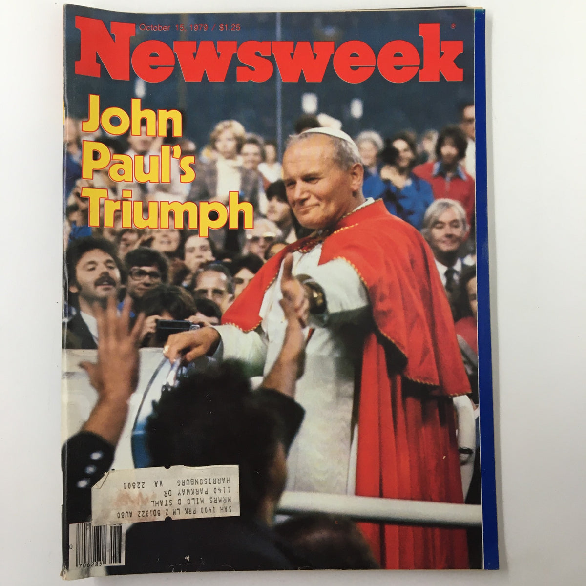 Cover of Newsweek magazine dated October 15, 1979, featuring an image of Pope John Paul II with the headline 'John Paul's Triumph'; a historical collectible showcasing a moment from his papacy.