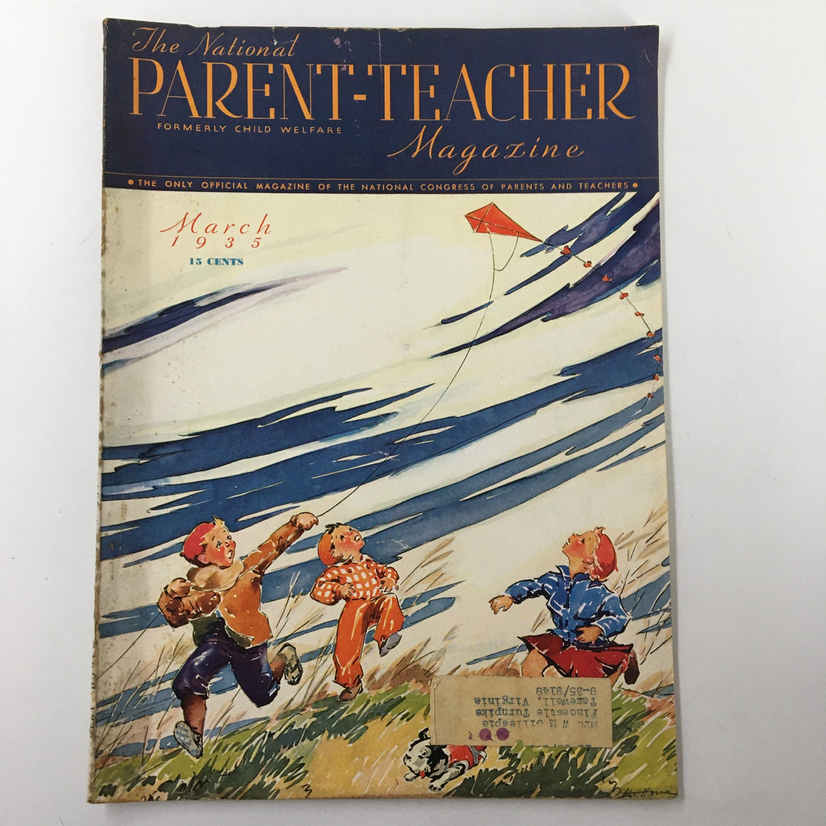 Cover of The National Parent-Teacher Magazine March 1935, featuring children flying kites in a colorful illustration, emphasizing the theme of health for school-aged children.