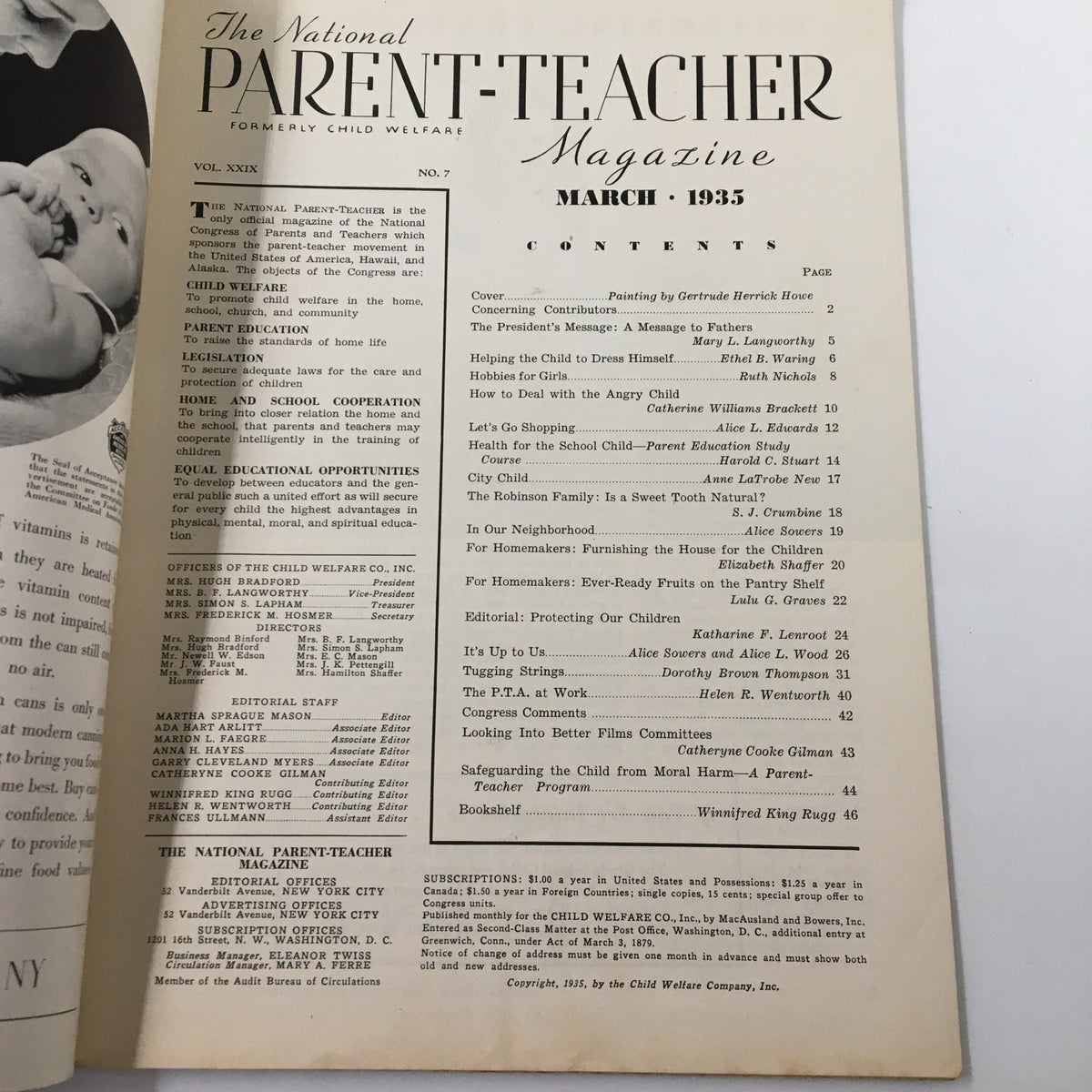 Table of contents from The National Parent-Teacher Magazine March 1935, listing articles related to child welfare and education, highlighting the magazine's focus on health for the school-child.