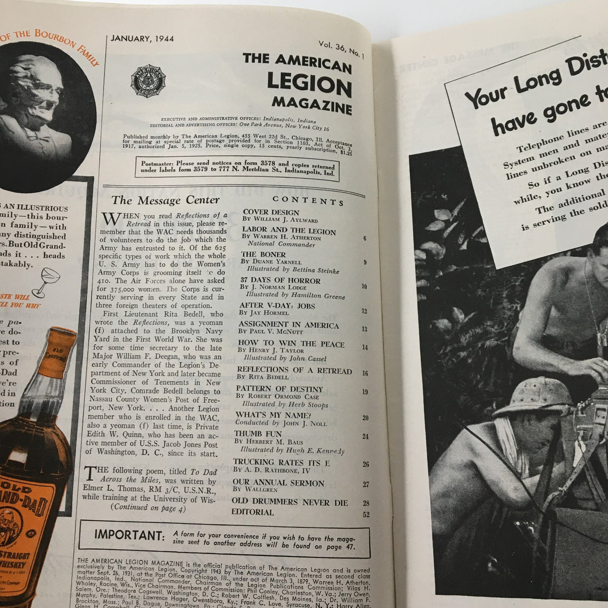 Interior page of VTG The American Legion Magazine January 1944 displaying the table of contents and features such as articles on military affairs, including 'How To Win The Peace.'
