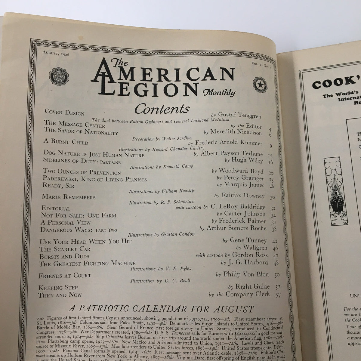 Interior page of VTG The American Legion Magazine August 1926, displaying the contents, including articles related to military experiences and patriotism.
