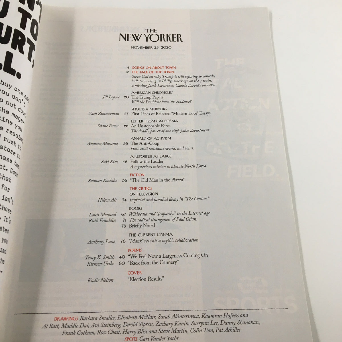 The New Yorker Magazine November 23, 2020 table of contents page, showcasing articles and features from the issue.