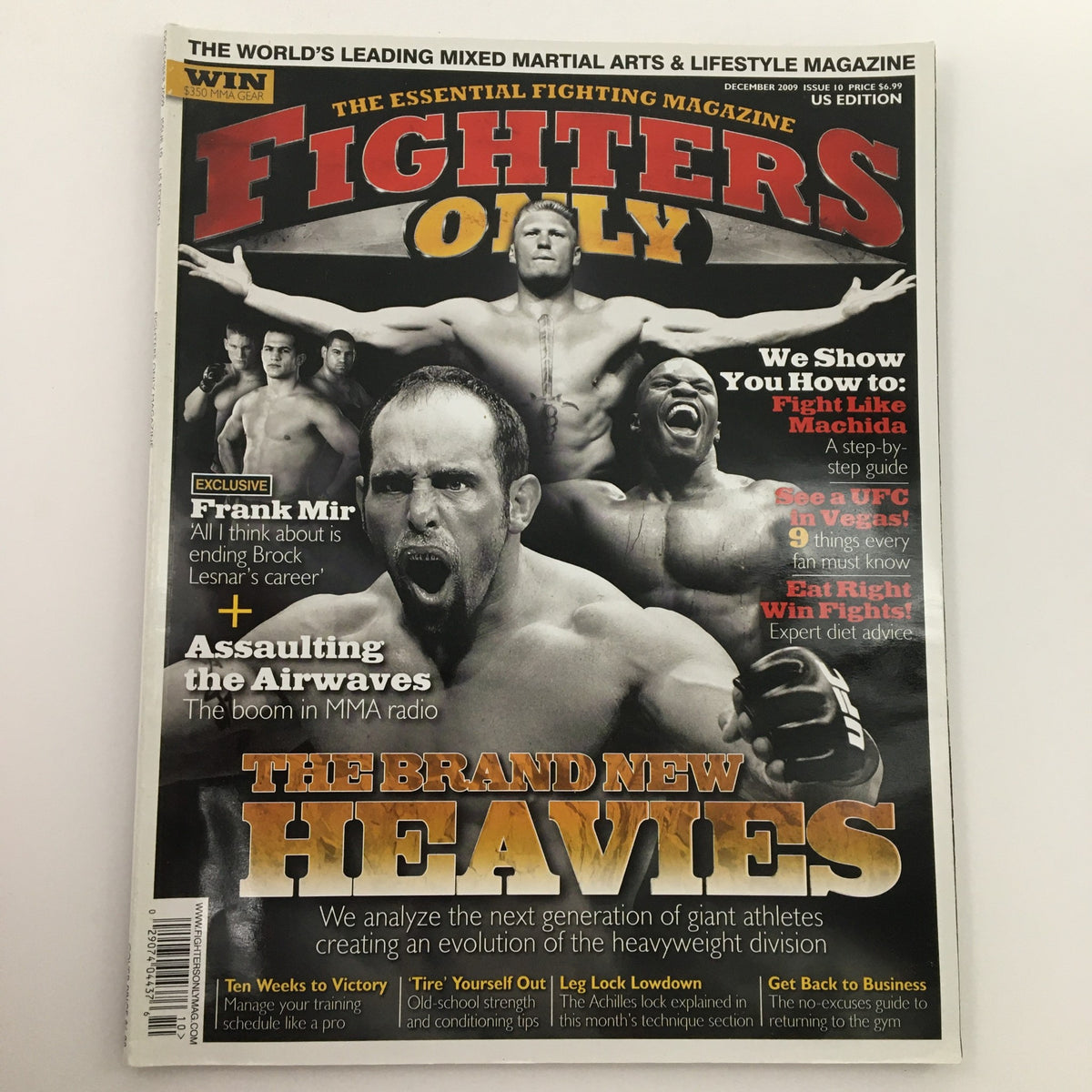 Fighters Only Magazine December 2009 cover showcasing Frank Mir and Brock Lesnar, featuring MMA-related content and highlights from the sport.