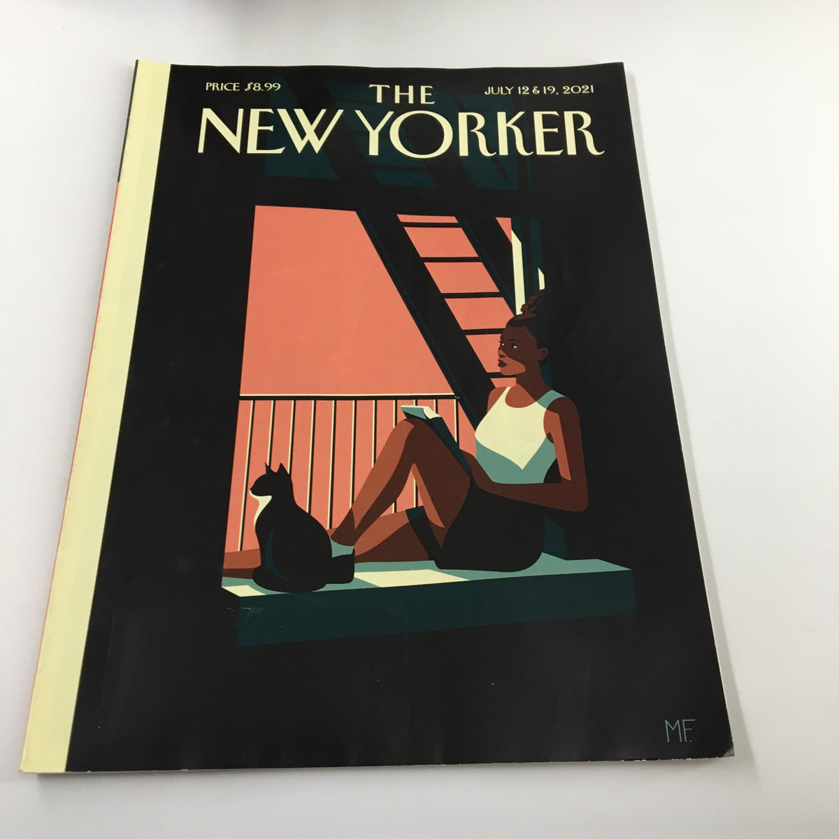 The New Yorker Magazine July 12 2021 cover featuring a woman relaxing on a balcony with a cat, designed by Malika Favre, embodying the theme of escape.