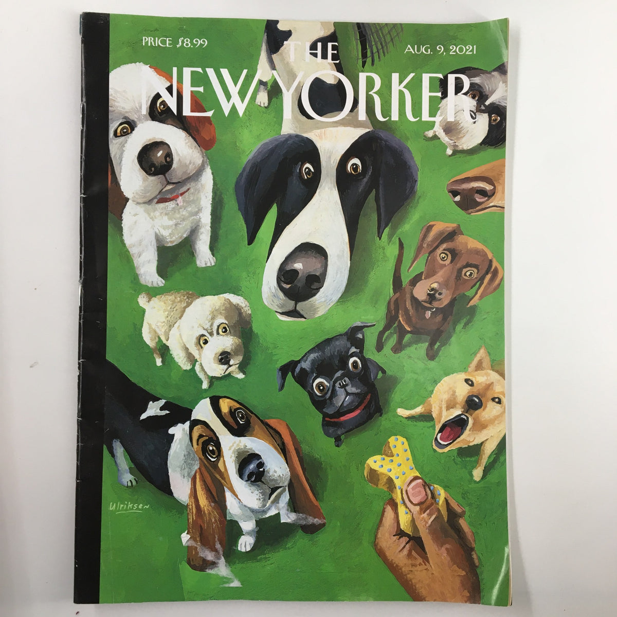 The New Yorker Magazine August 9 2021 Summer Treat Cover by Mark Ulriksen featuring vibrant illustrations of various dogs in playful poses, embodying the joy of summer.
