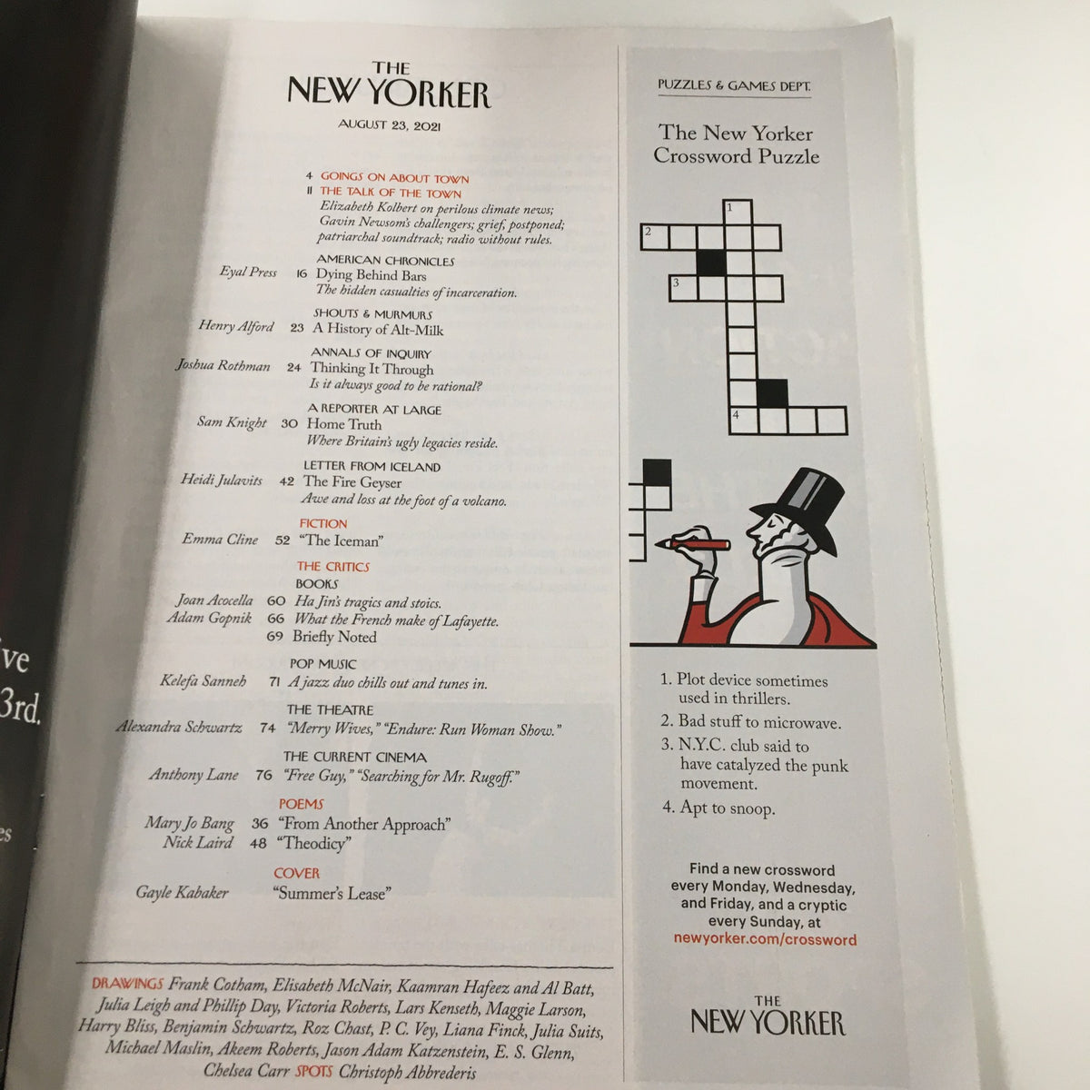 The New Yorker Magazine August 23 2021, interior page featuring the crossword puzzle and listing for the issue, highlighting content including 'Summer's Lease' cover by Gayle Kabaker.