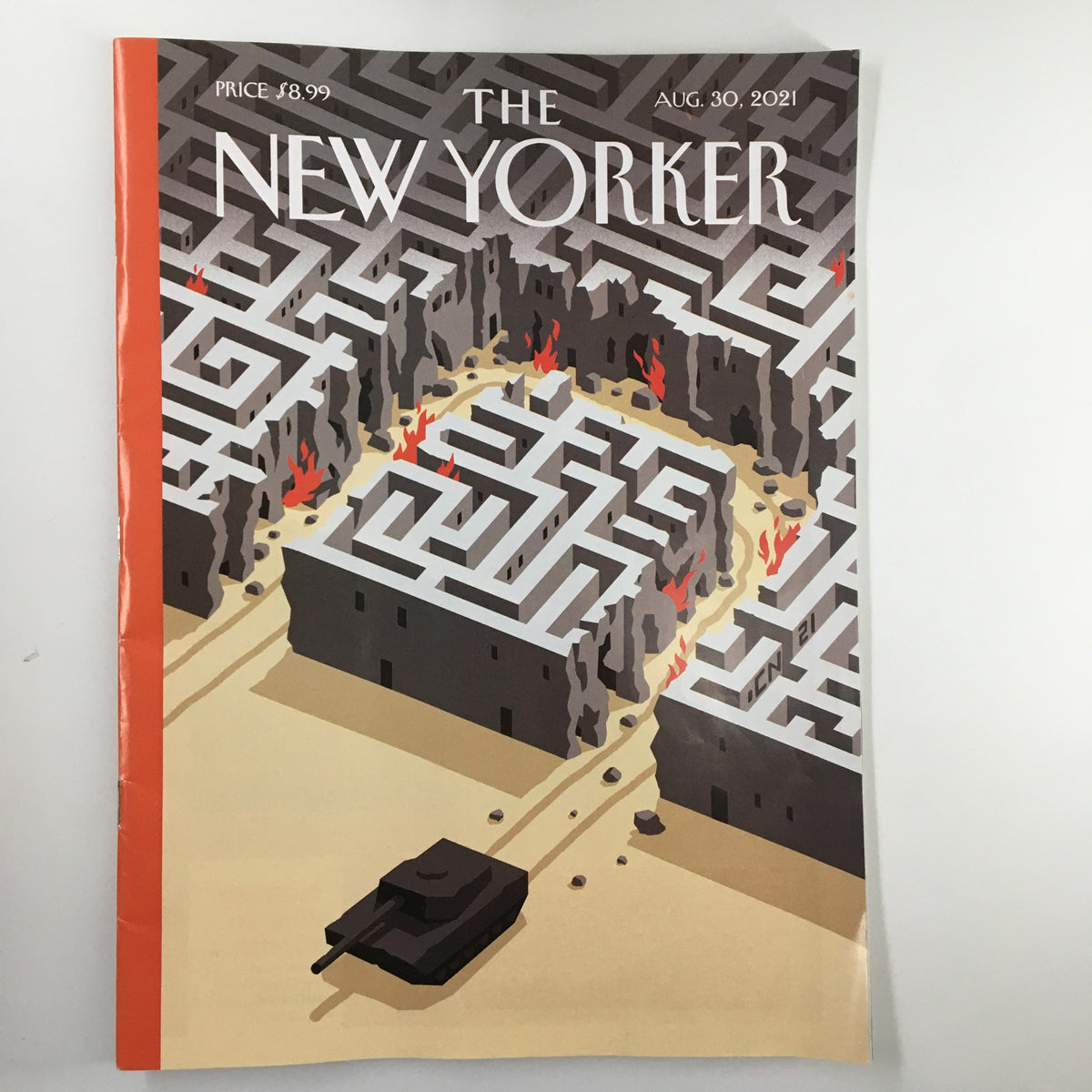 Cover of The New Yorker Magazine August 30, 2021, featuring the illustration 'Exit Strategy' by Christoph Niemann, depicting a stylized maze with fire and a tank.