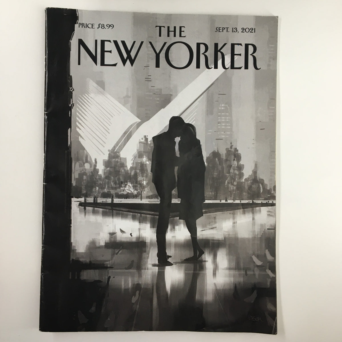 Cover of The New Yorker Magazine September 13 2021, titled '9/11 Then & Now' by Pascal Campion, showcasing a romantic silhouette against a backdrop of a city skyline.