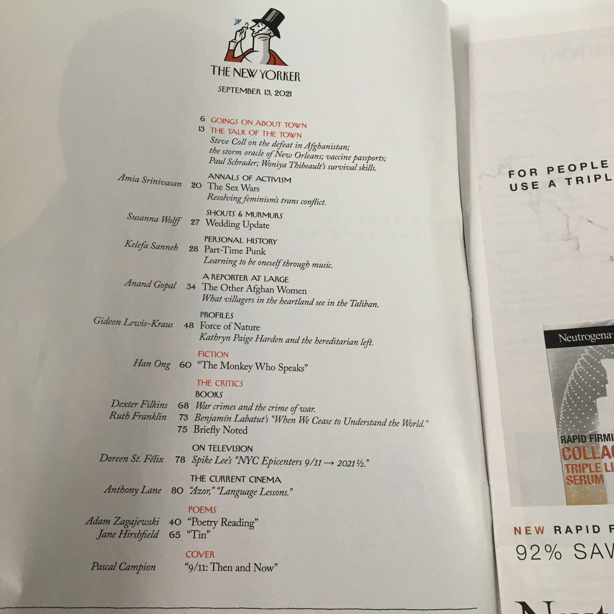 Table of contents page of The New Yorker Magazine September 13 2021, featuring articles and illustrations, including 'Cover' by Pascal Campion related to '9/11 Then & Now'.