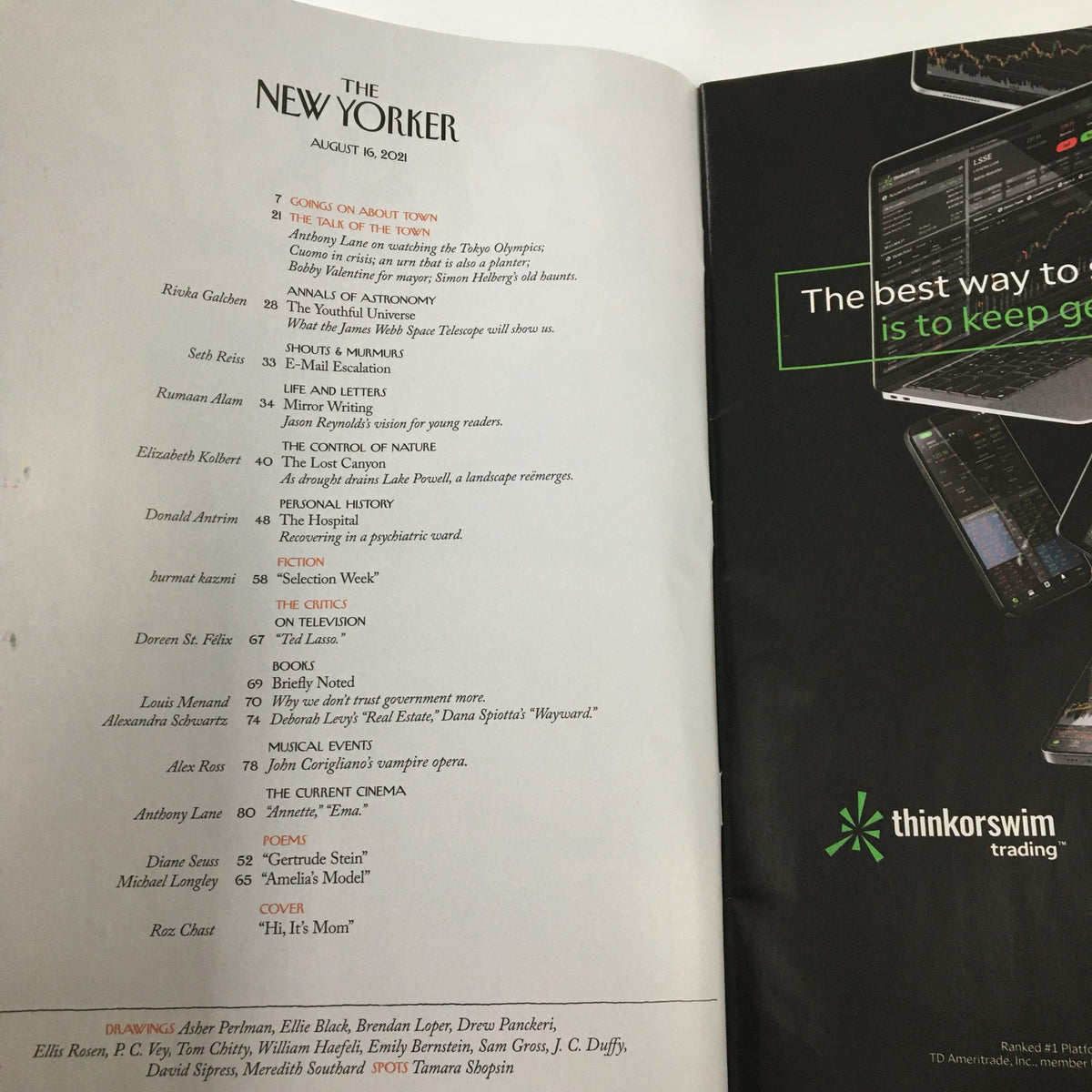Inside page of The New Yorker Magazine August 16, 2021, showcasing an article layout and subscription advertisement, highlighting the magazine's contemporary themes and editorial content.