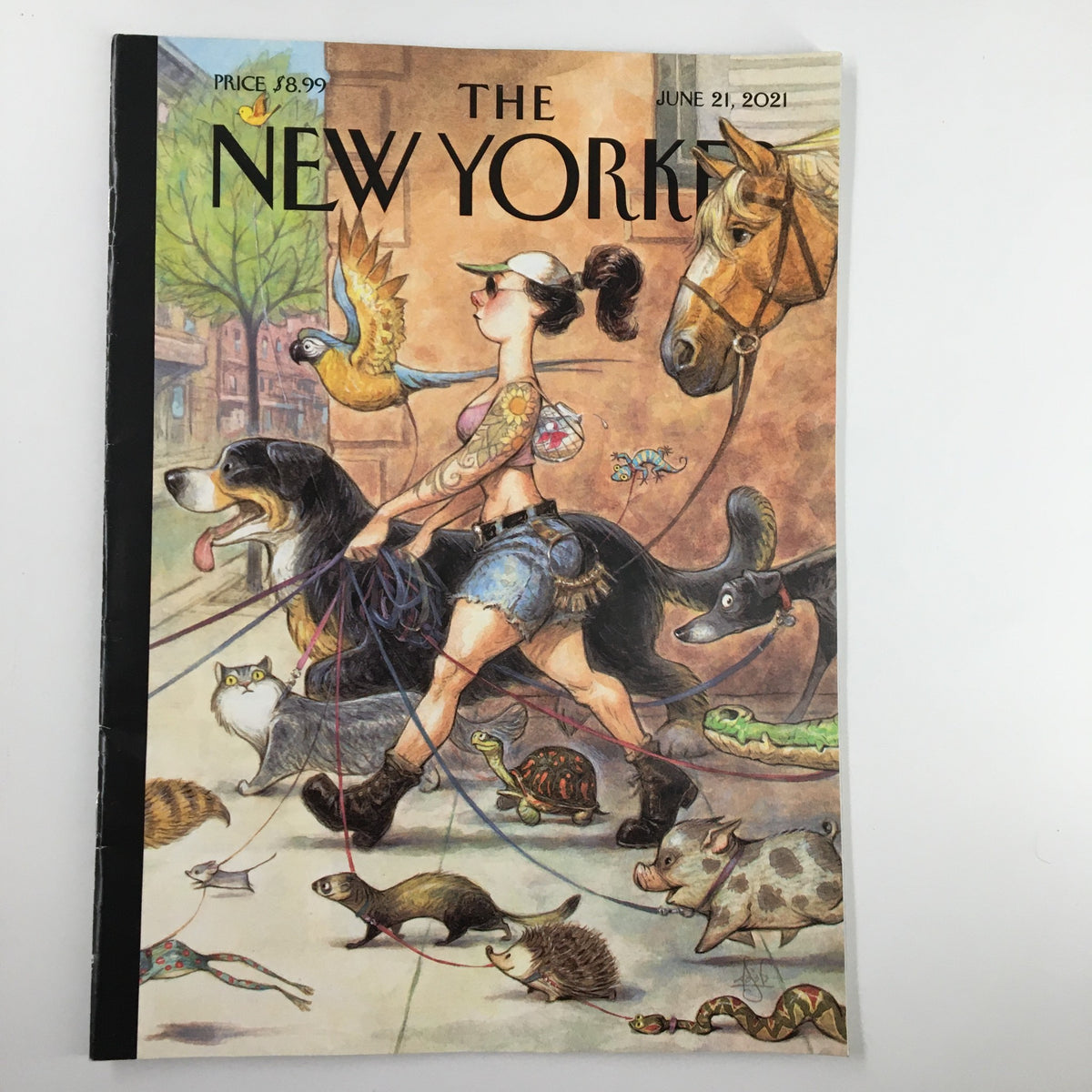 The New Yorker Magazine cover dated June 21, 2021, featuring whimsical illustrations of animals and a woman walking dogs, by artist Peter de Seve.