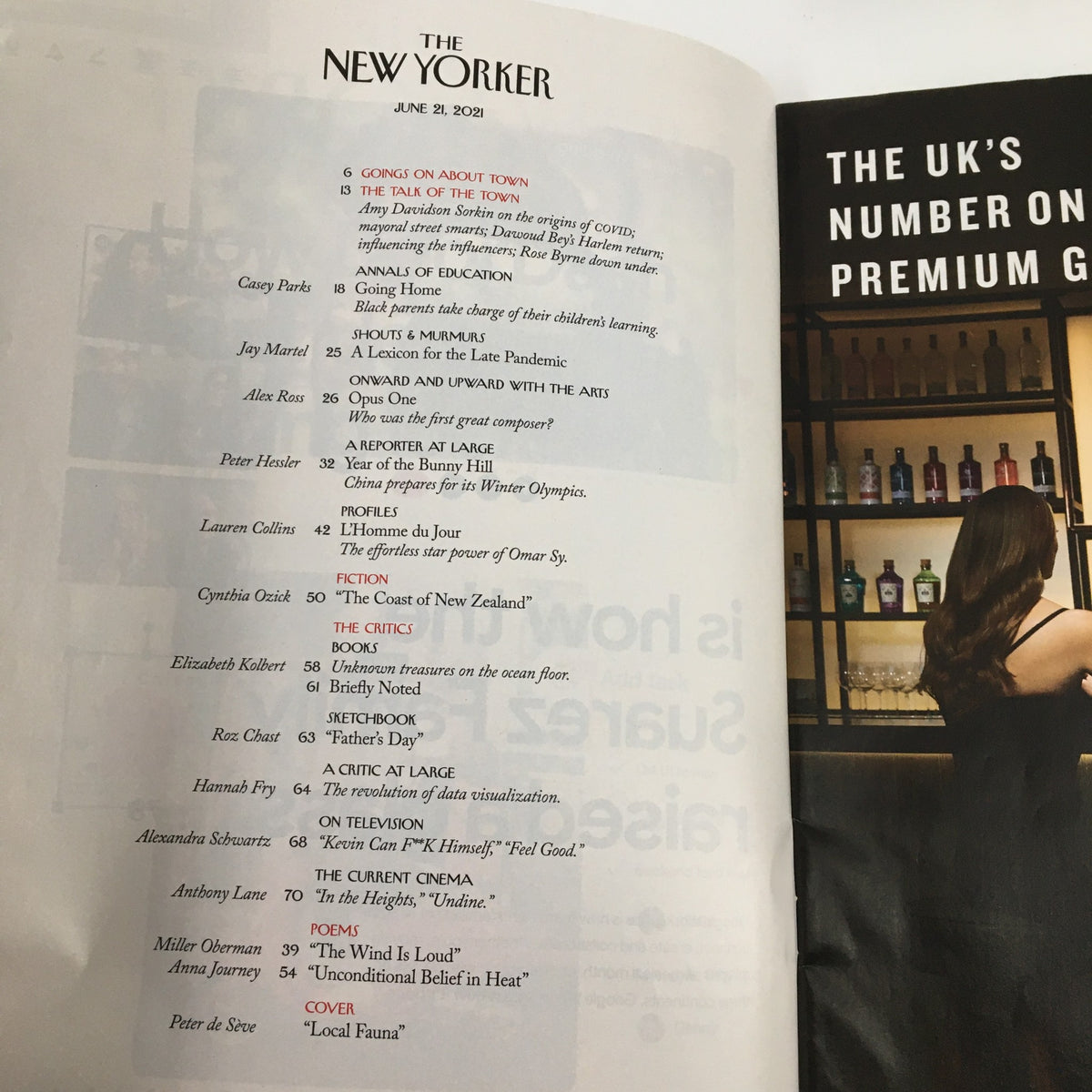Inside page of The New Yorker Magazine dated June 21, 2021, showcasing the table of contents with article titles and contributors.