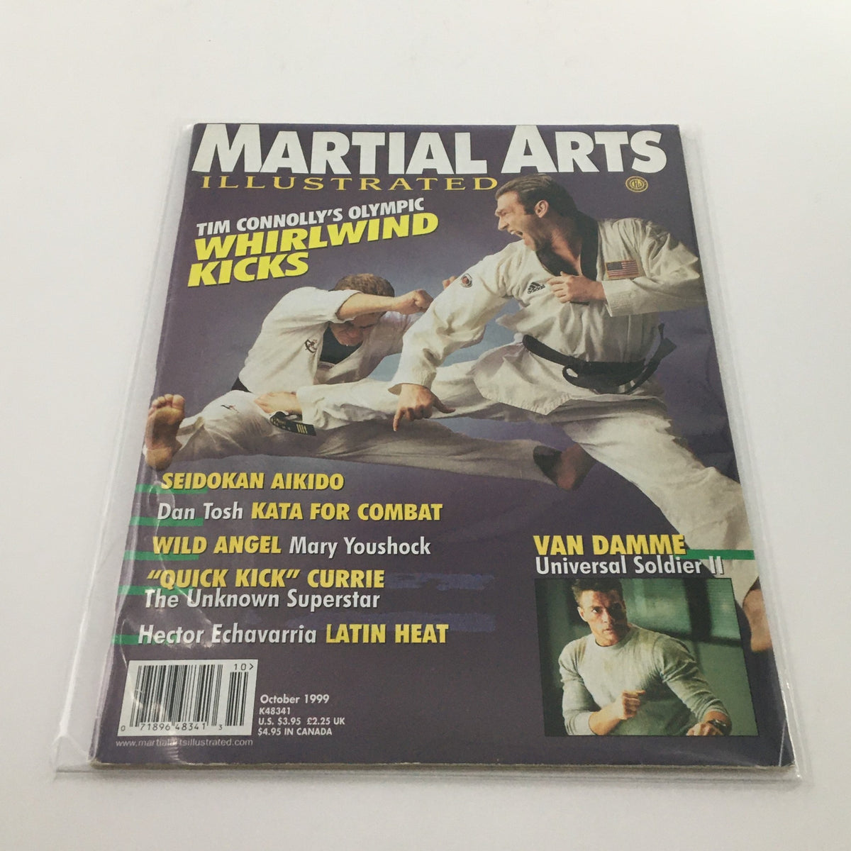 Martial Arts Illustrated Magazine - October 1999 featuring Tim Connolly's Olympic Kicks on the cover, showcasing martial artists in action, highlighting various articles including techniques like Seidokan Aikido, and a photo of Van Damme.