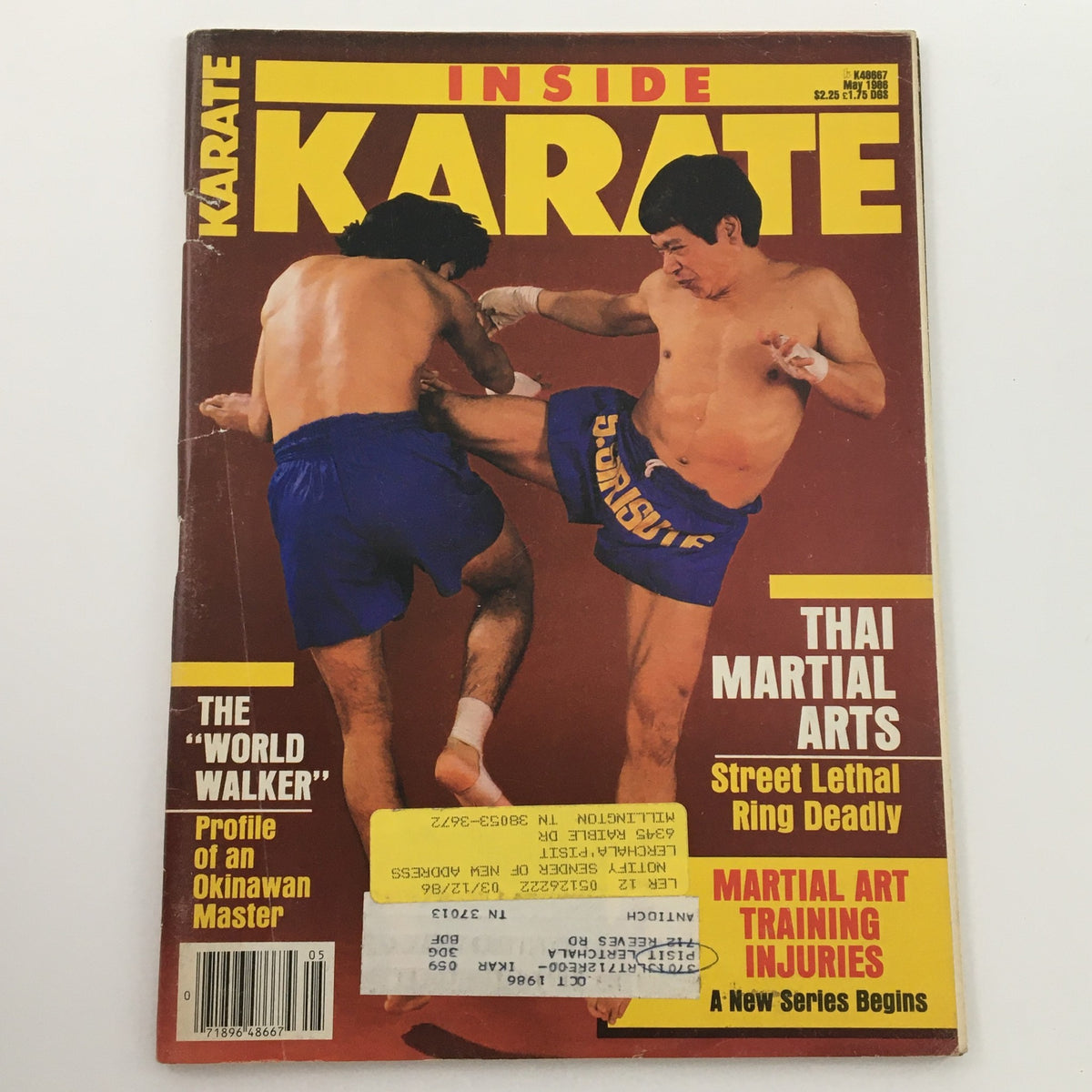Inside Karate Magazine May 1988 cover highlighting Thai martial arts, displaying two fighters engaged in a kicking technique, with characteristics typical of vintage martial arts publications.